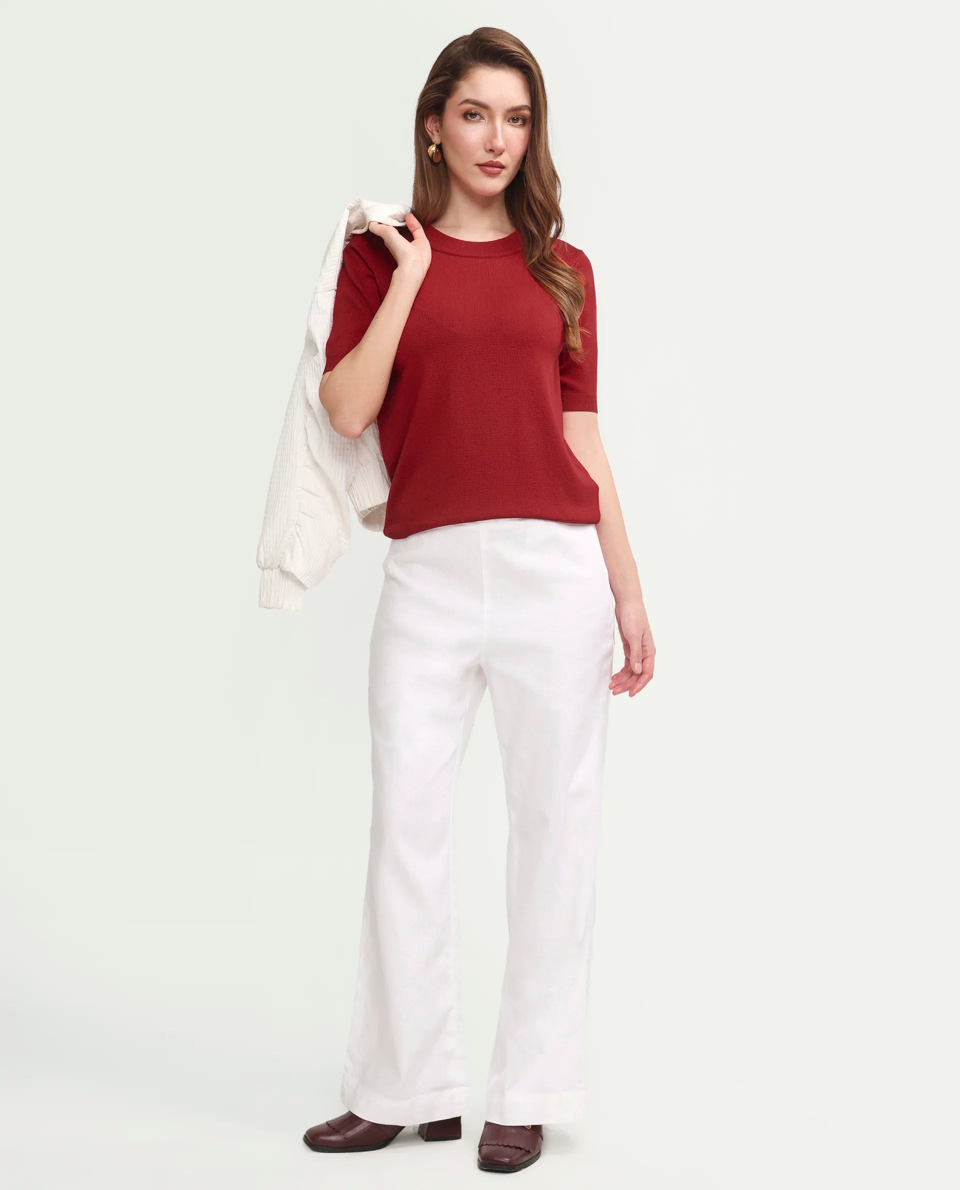 Rareism Women's Sohrdo Red Nylon Blend Half Sleeve Crew Neck Regular Fit Plain Top