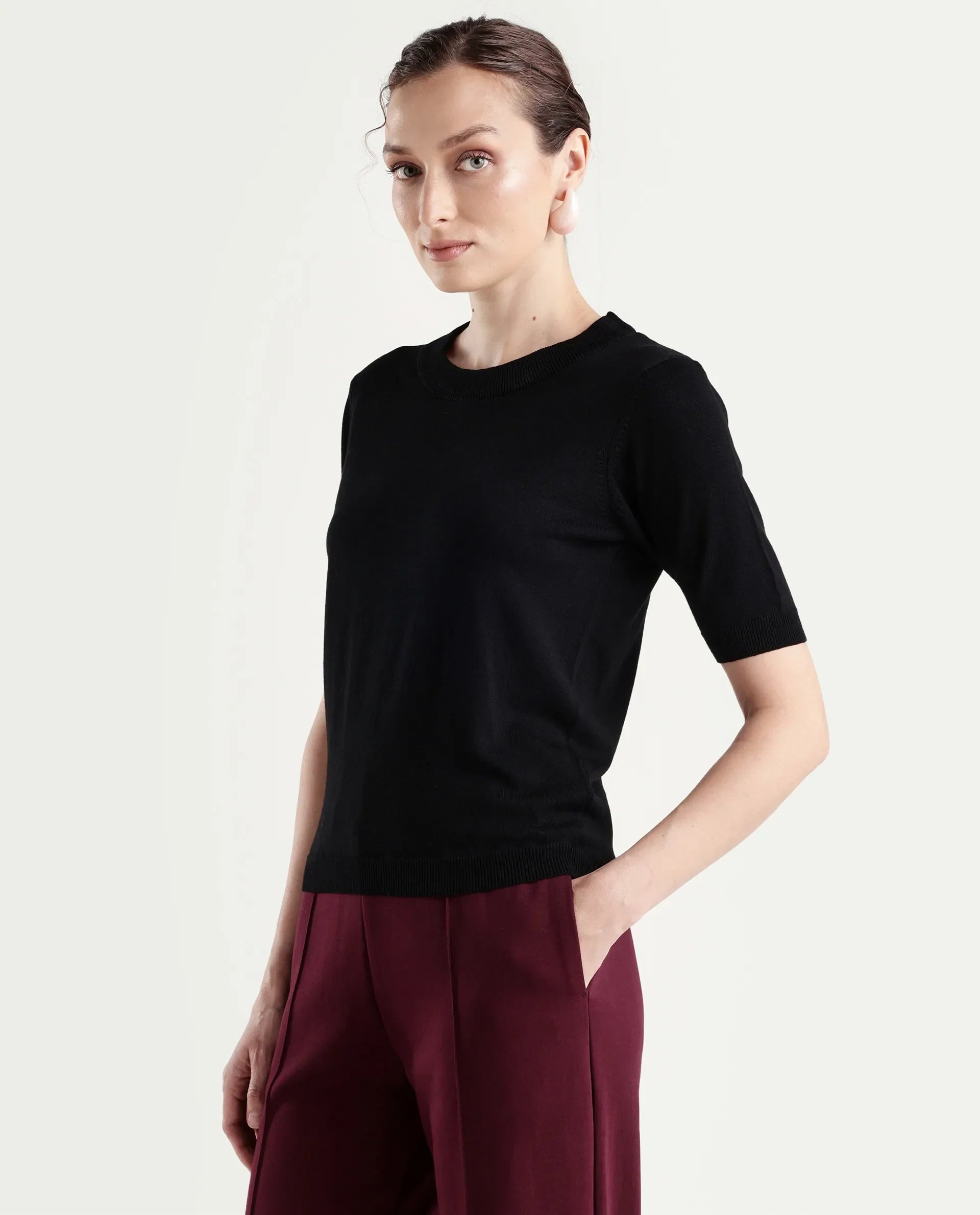 Rareism Women's Sohrdo Black Nylon Blend Half Sleeve Crew Neck Regular Fit Plain Top