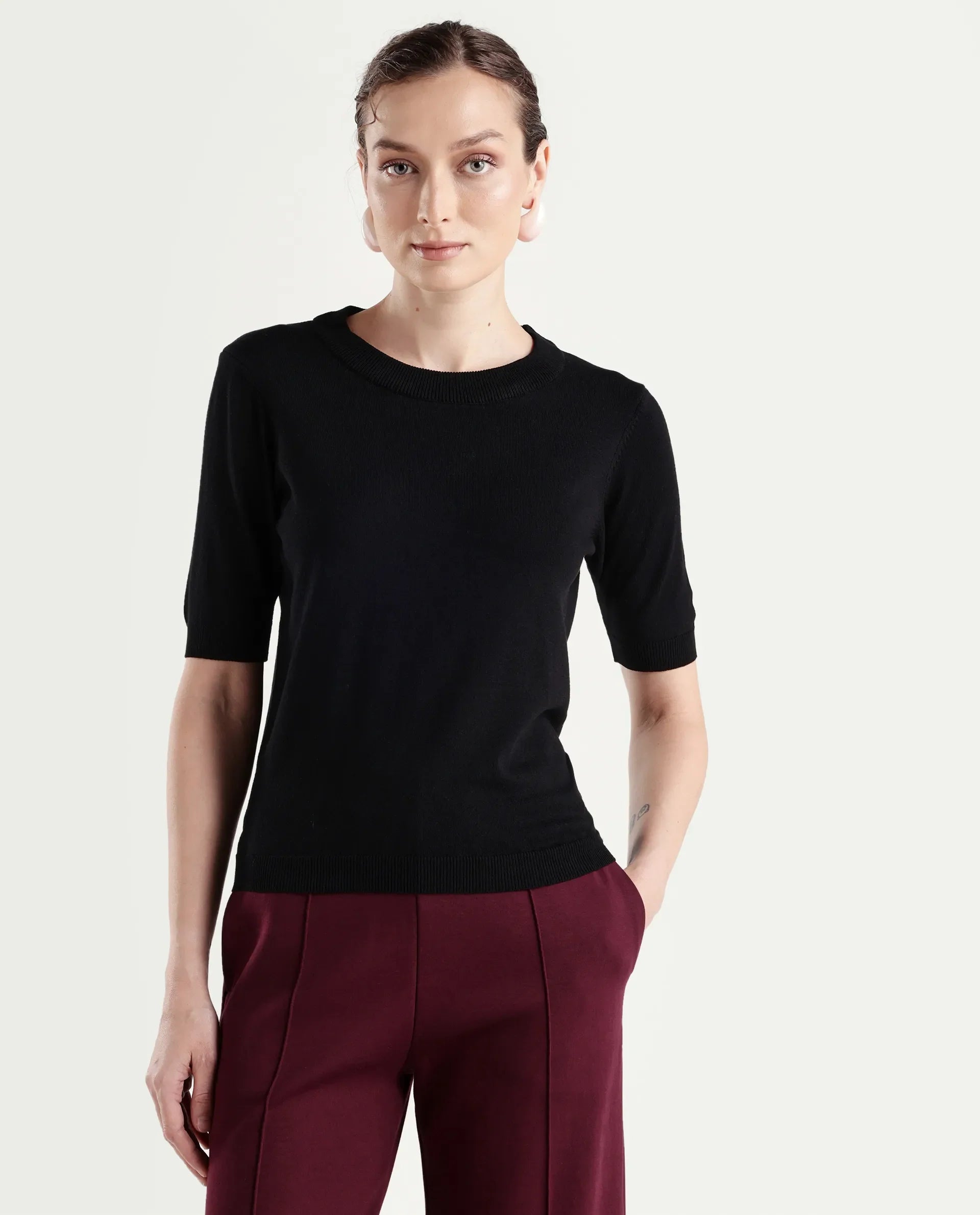 Rareism Women's Sohrdo Black Nylon Blend Half Sleeve Crew Neck Regular Fit Plain Top