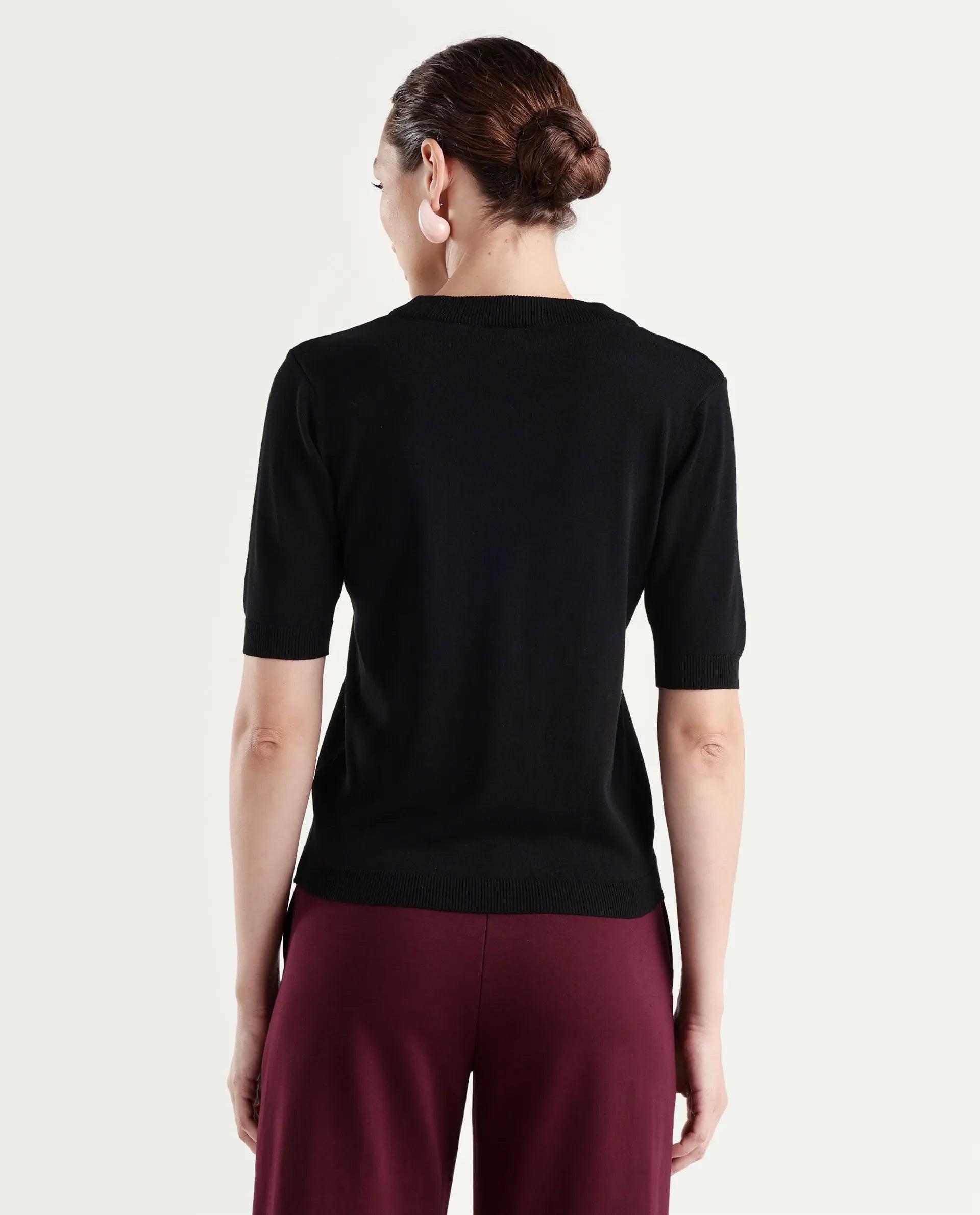 Rareism Women's Sohrdo Black Nylon Blend Half Sleeve Crew Neck Regular Fit Plain Top