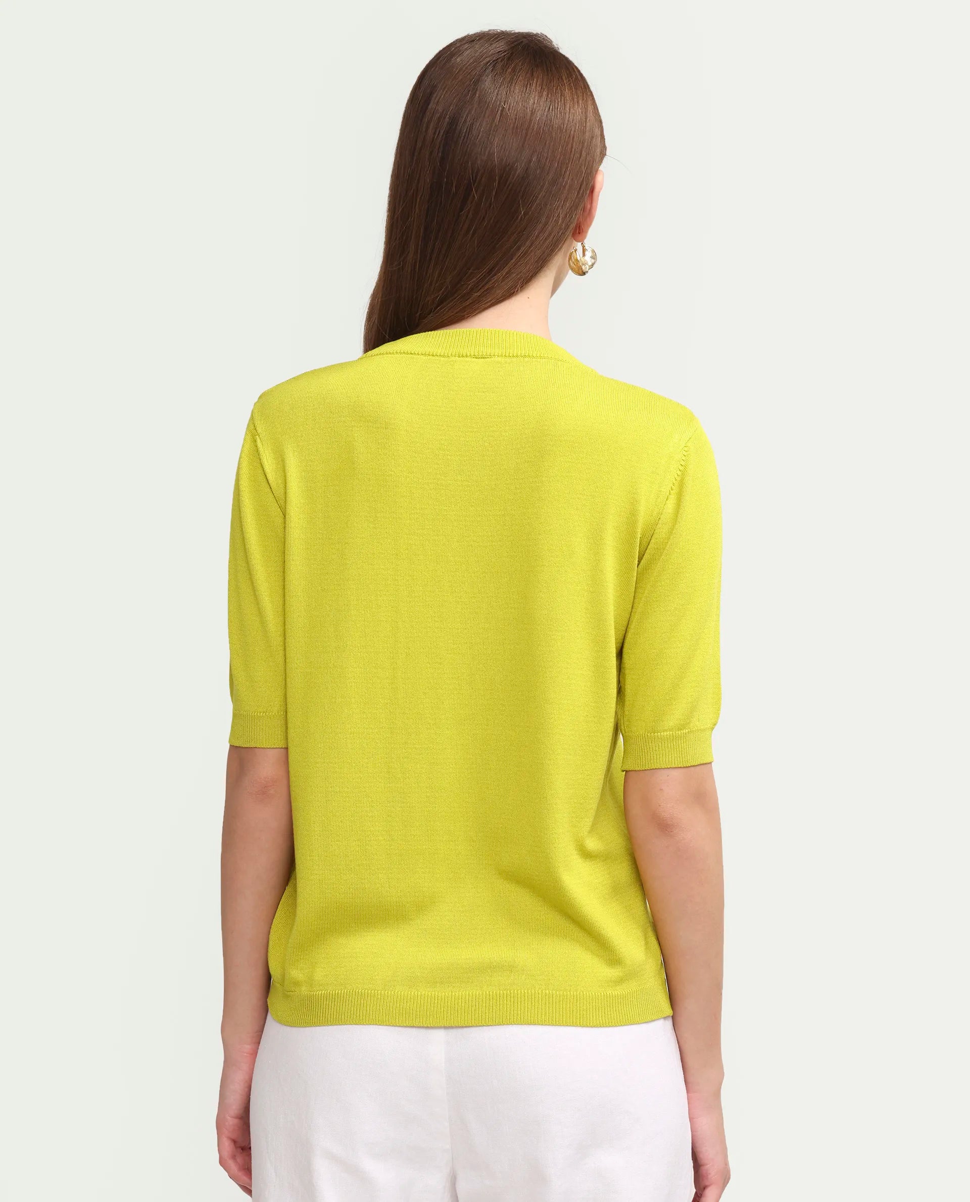 Rareism Women's Sohrdo Light Yellow Nylon Blend Half Sleeve Crew Neck Regular Fit Plain Top
