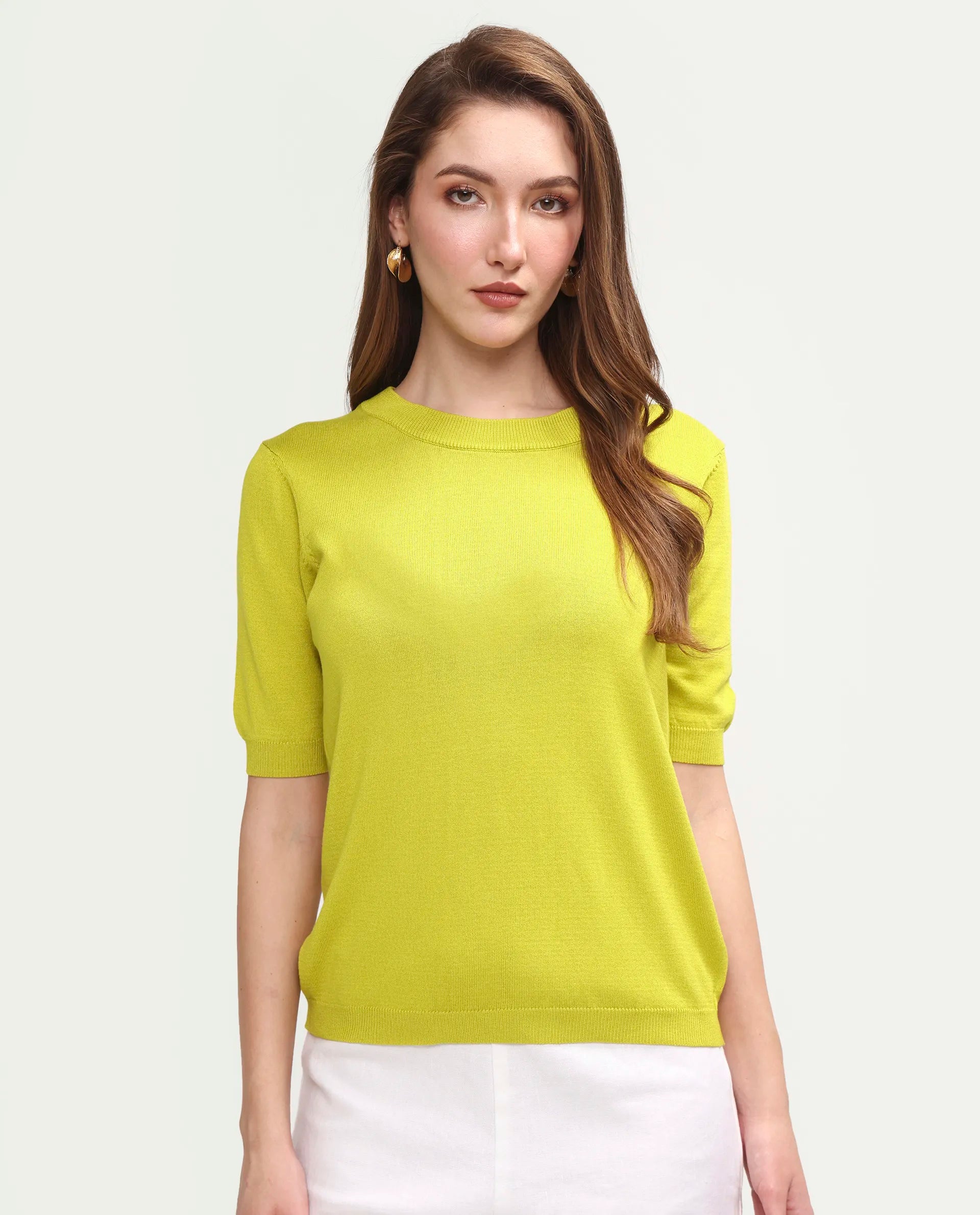 Rareism Women's Sohrdo Light Yellow Nylon Blend Half Sleeve Crew Neck Regular Fit Plain Top