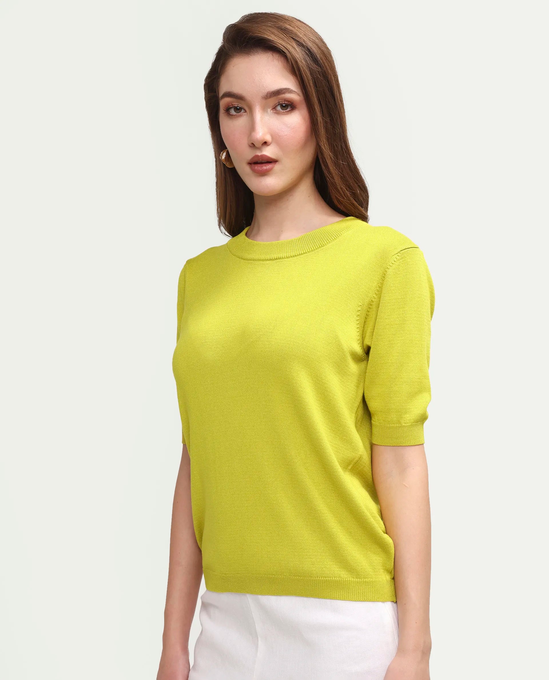 Rareism Women's Sohrdo Light Yellow Nylon Blend Half Sleeve Crew Neck Regular Fit Plain Top
