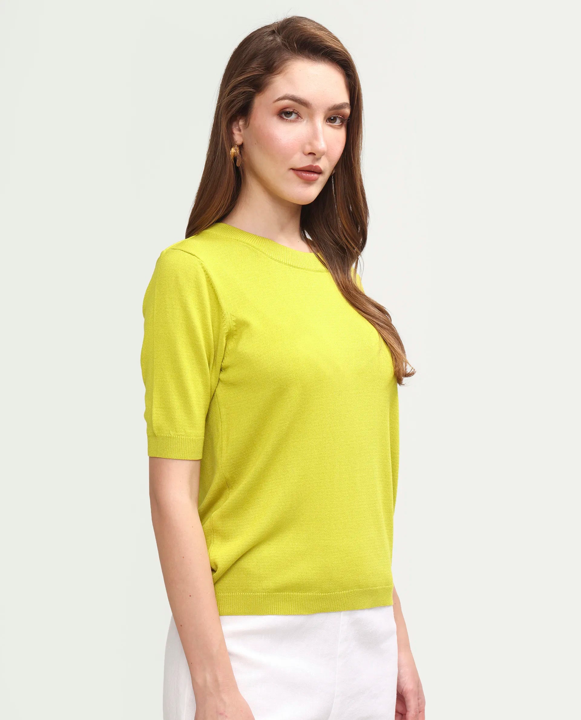 Rareism Women's Sohrdo Light Yellow Nylon Blend Half Sleeve Crew Neck Regular Fit Plain Top