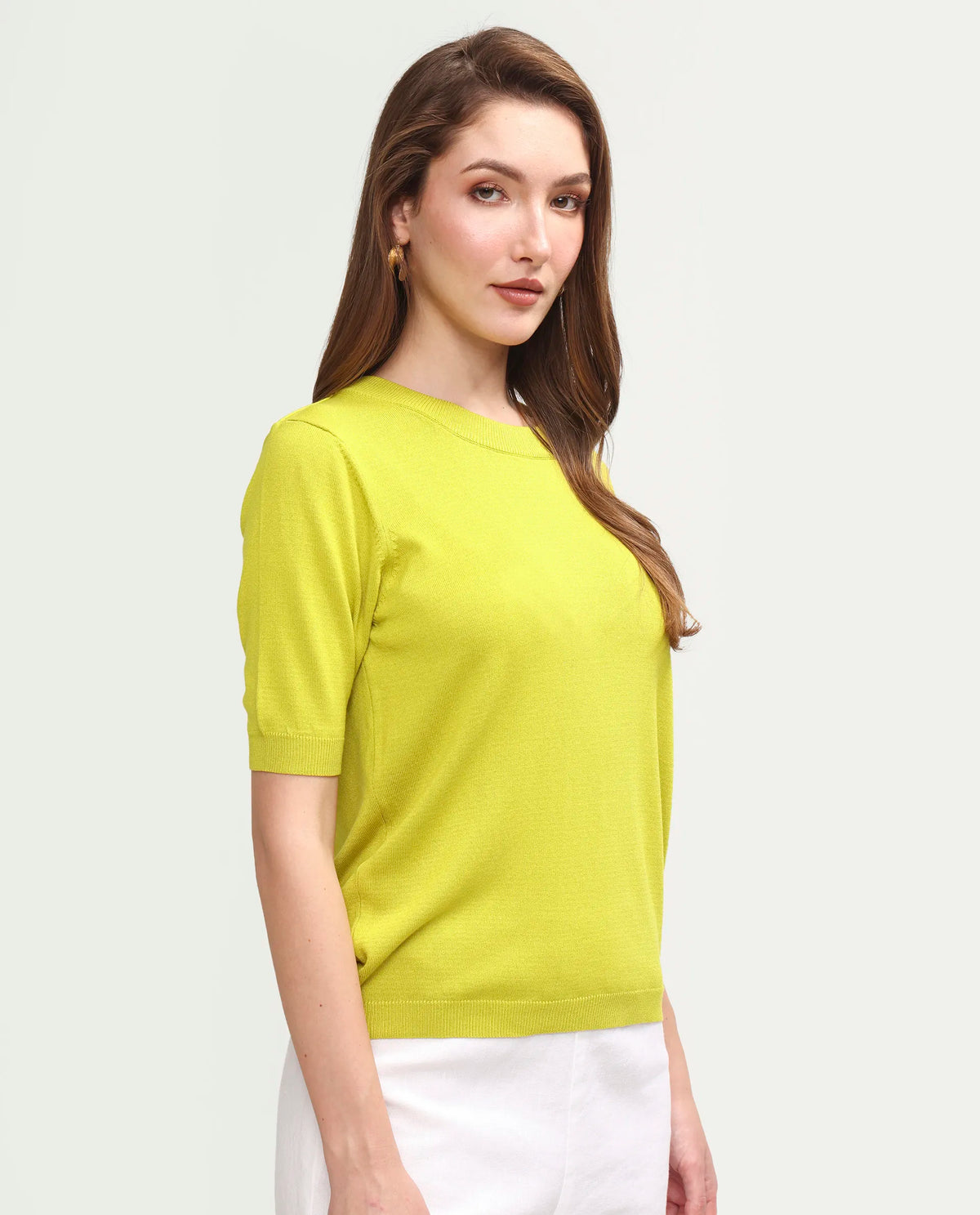 Rareism Women's Sohrdo Light Yellow Nylon Blend Half Sleeve Crew Neck Regular Fit Plain Top