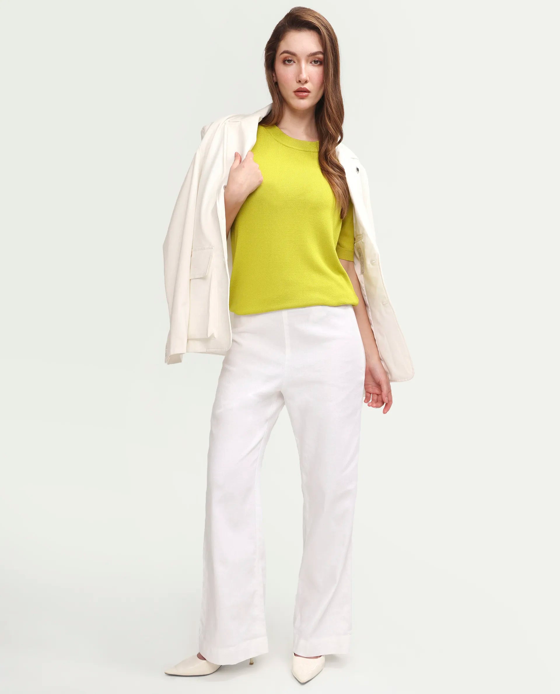 Rareism Women's Sohrdo Light Yellow Nylon Blend Half Sleeve Crew Neck Regular Fit Plain Top