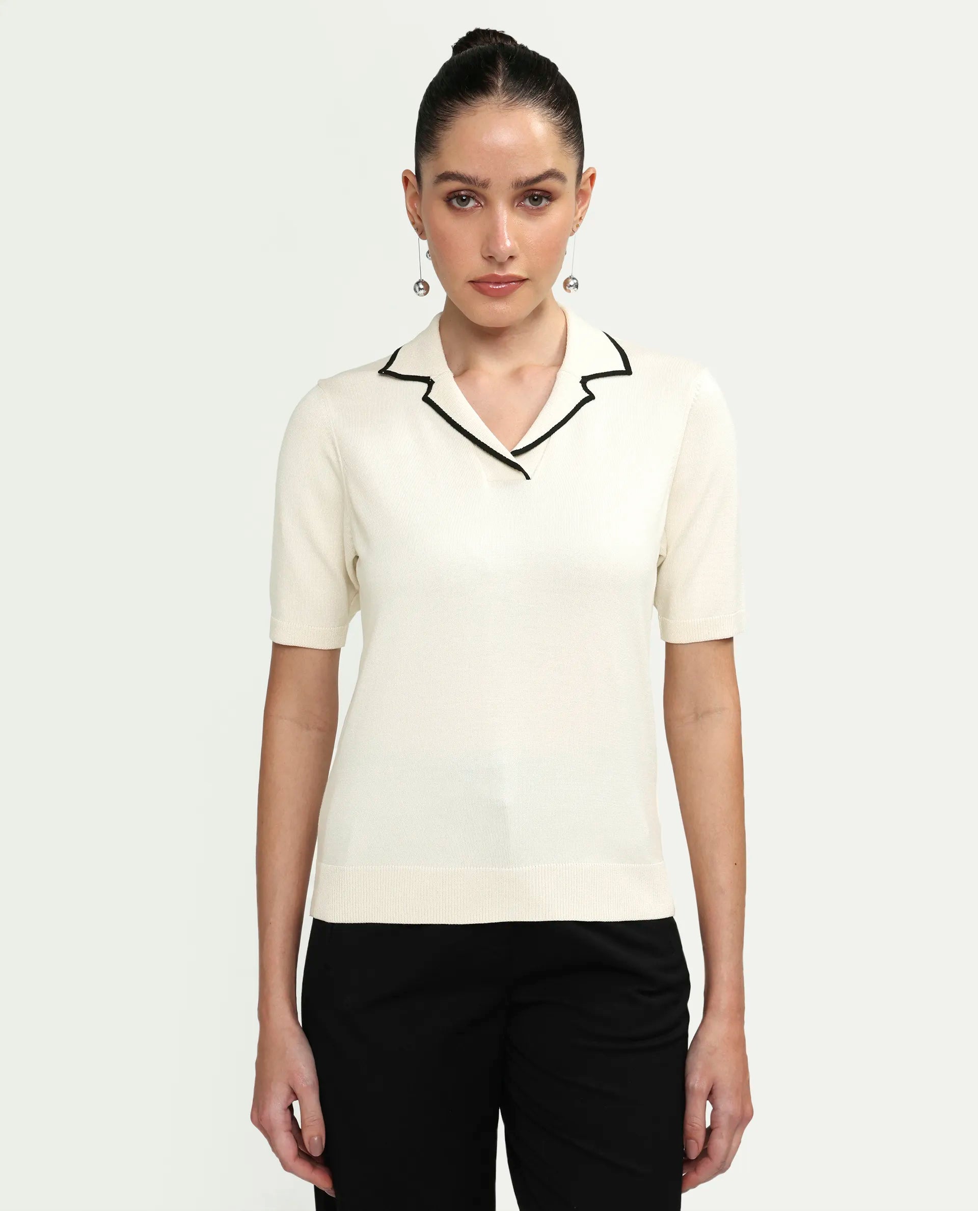 Rareism Women's Syrus Off White Nylon Blend Half Sleeve Jonny Collar Relaxed Fit Plain Polo