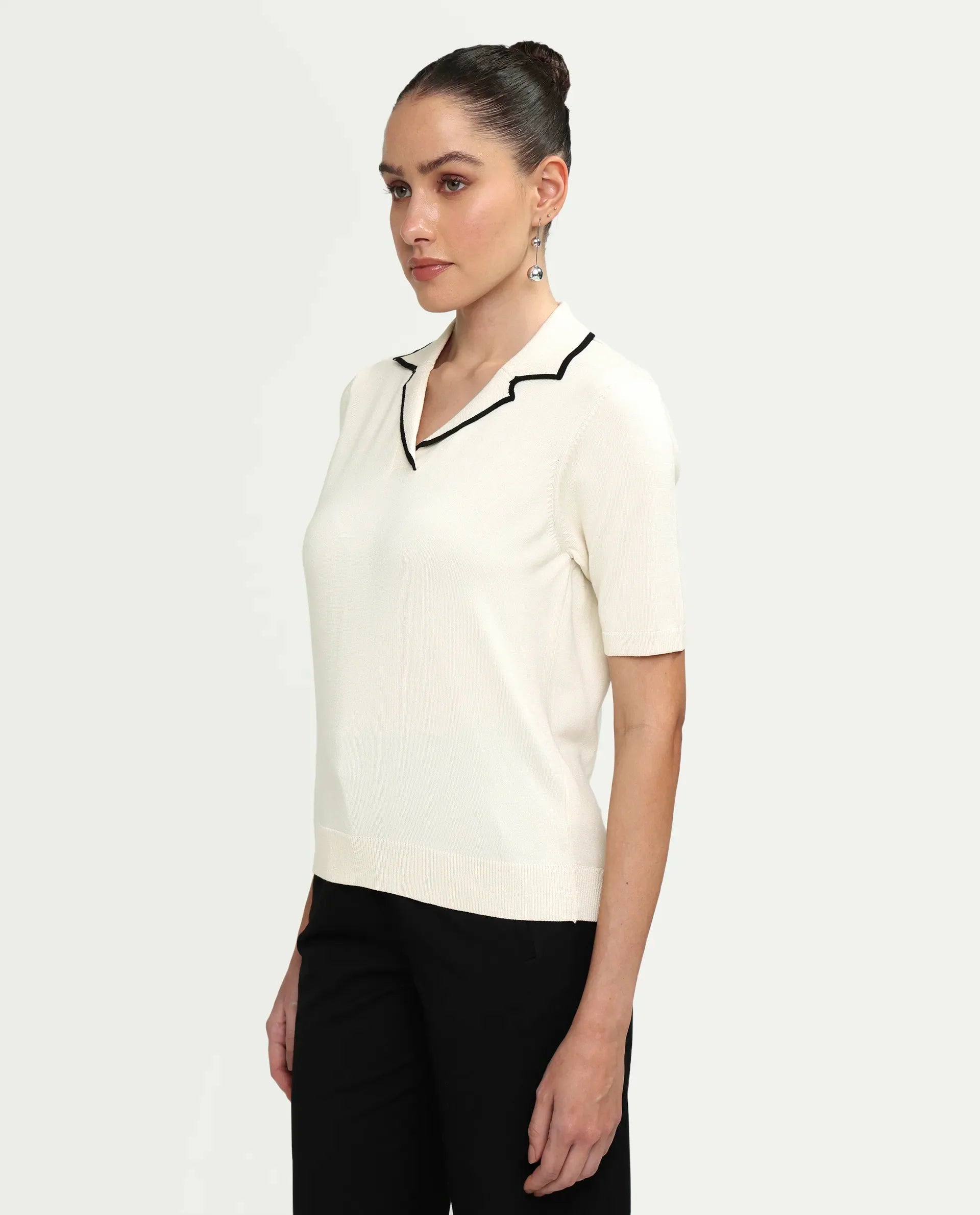 Rareism Women's Syrus Off White Nylon Blend Half Sleeve Jonny Collar Relaxed Fit Plain Polo