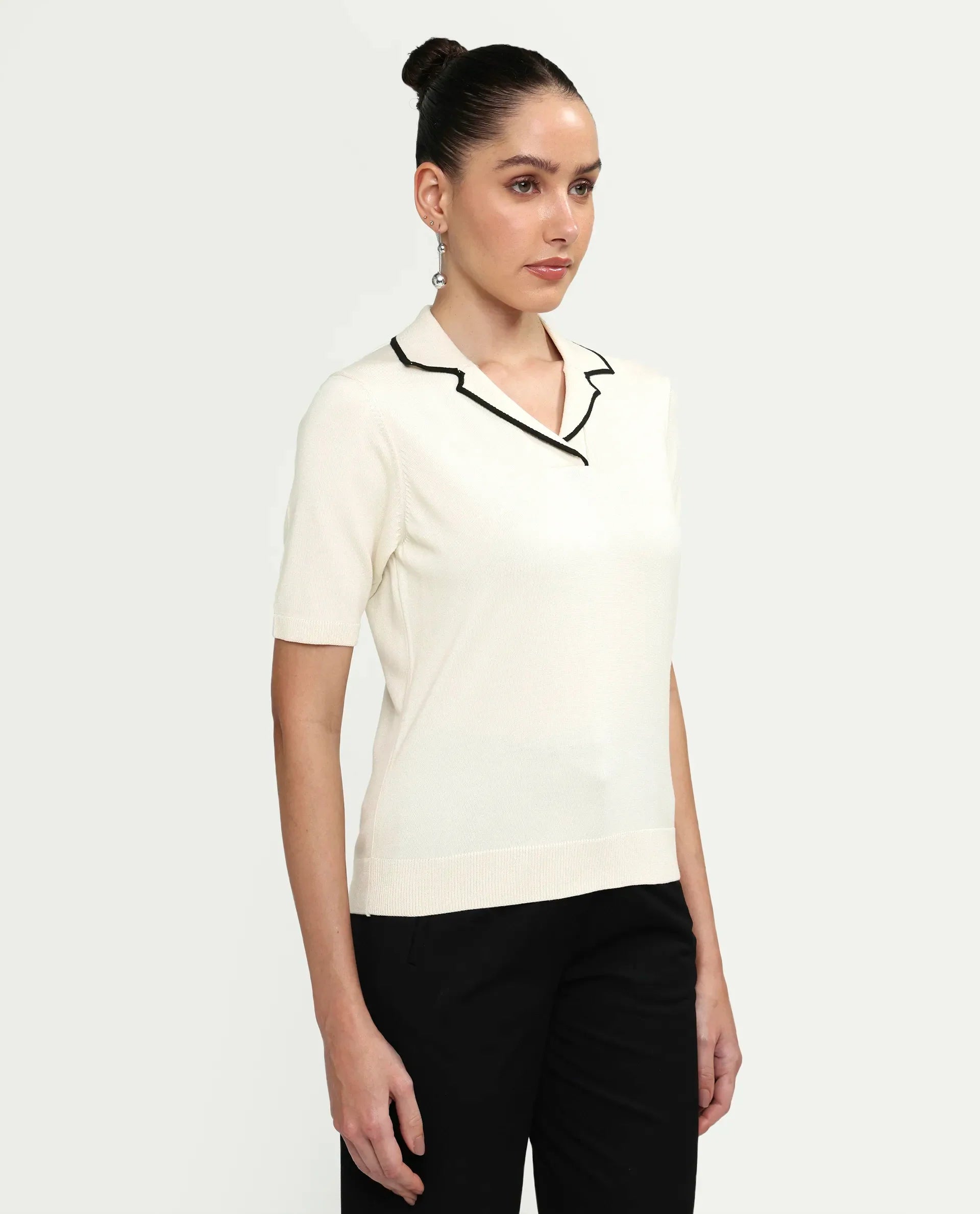 Rareism Women's Syrus Off White Nylon Blend Half Sleeve Jonny Collar Relaxed Fit Plain Polo