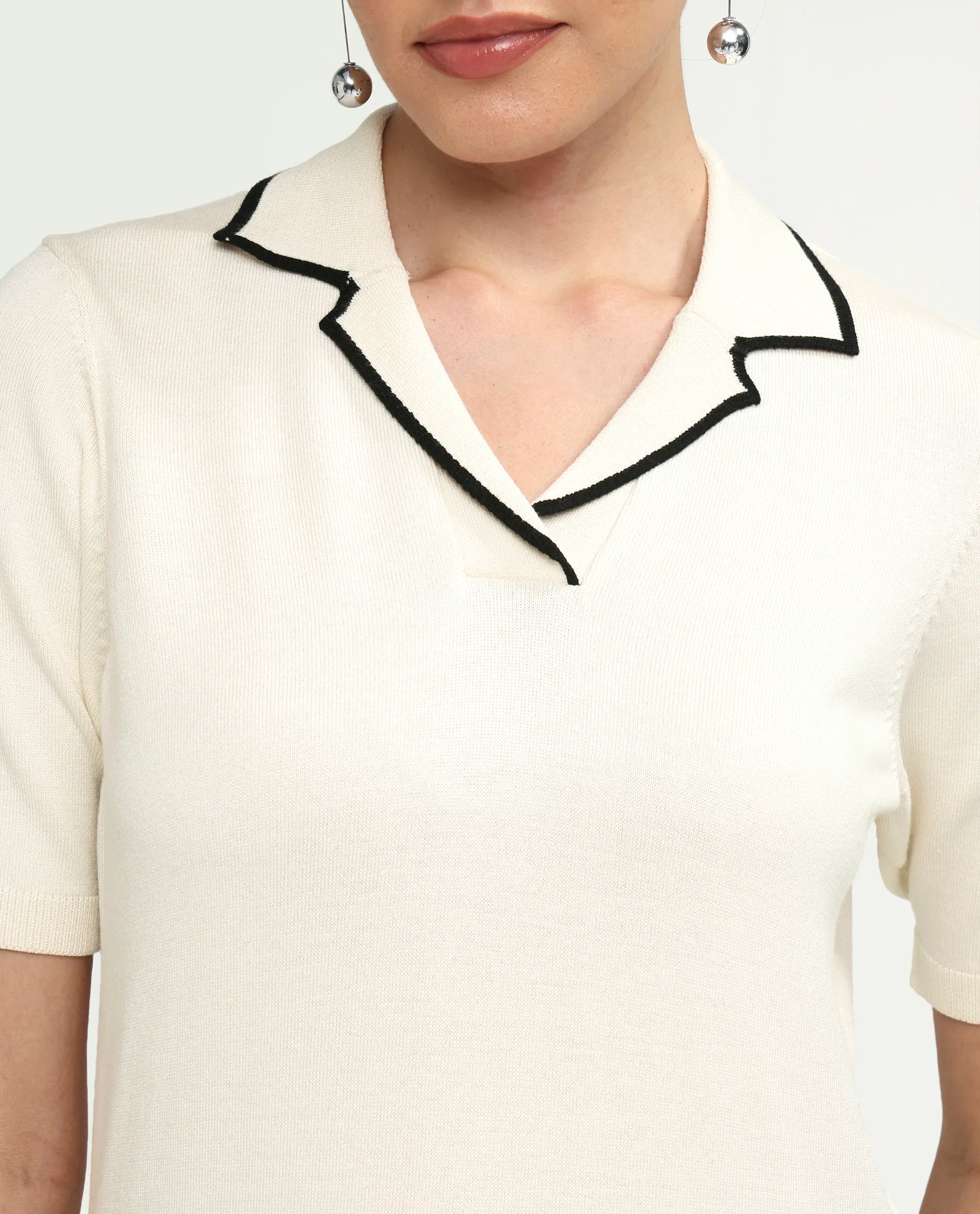 Rareism Women's Syrus Off White Nylon Blend Half Sleeve Jonny Collar Relaxed Fit Plain Polo