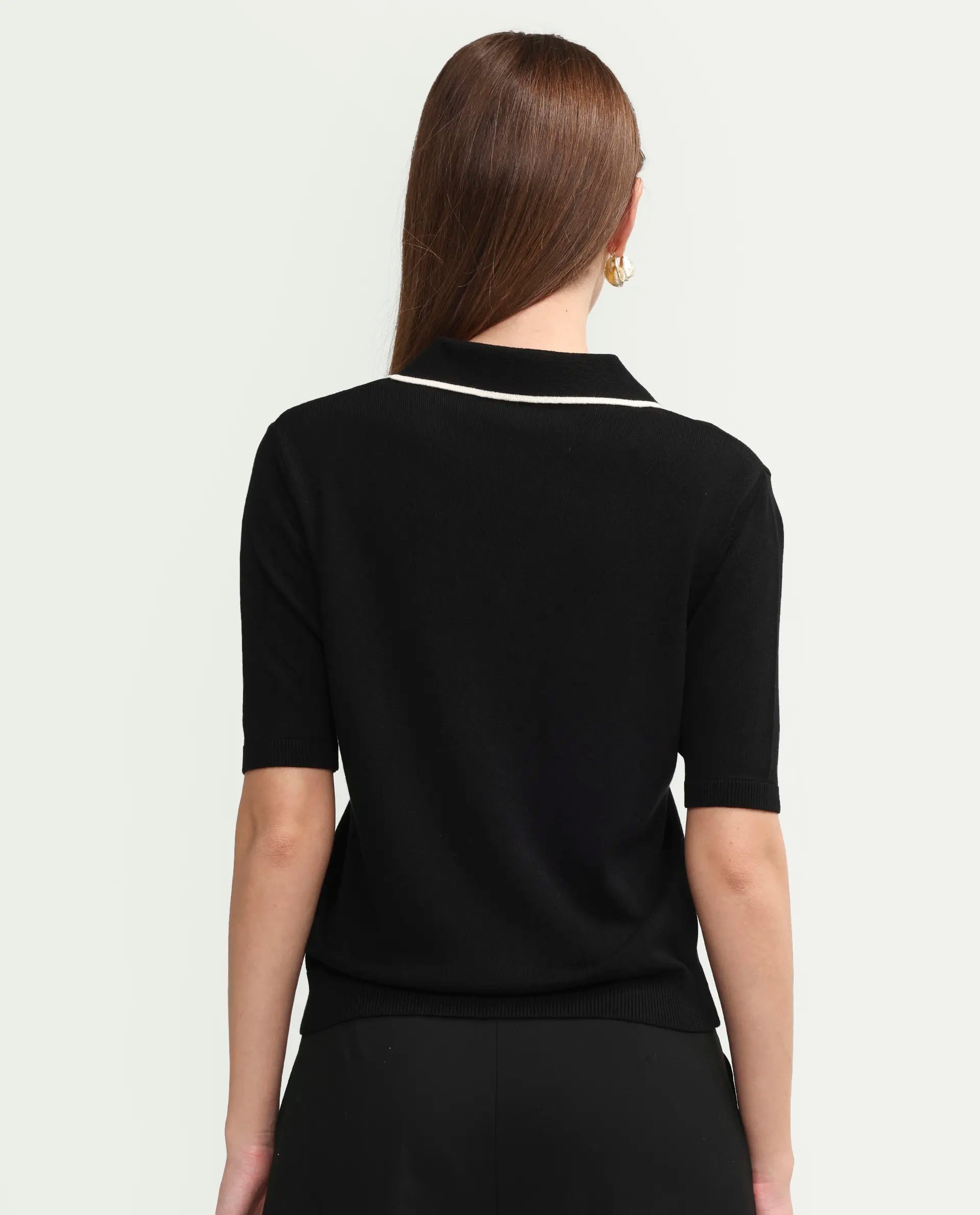 Rareism Women's Syrus Black Nylon Blend Half Sleeve Jonny Collar Relaxed Fit Plain Polo