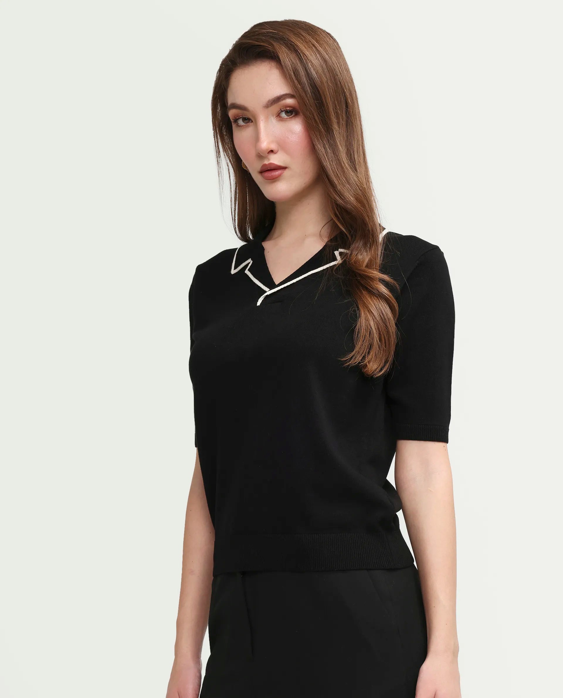 Rareism Women's Syrus Black Nylon Blend Half Sleeve Jonny Collar Relaxed Fit Plain Polo