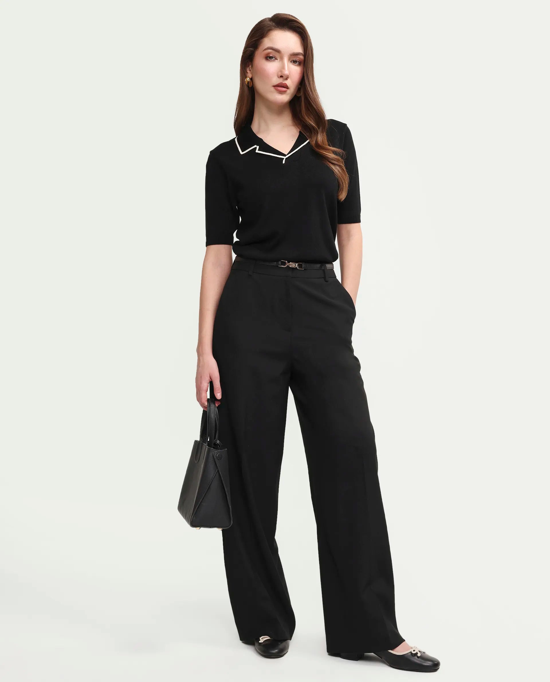 Rareism Women's Syrus Black Nylon Blend Half Sleeve Jonny Collar Relaxed Fit Plain Polo