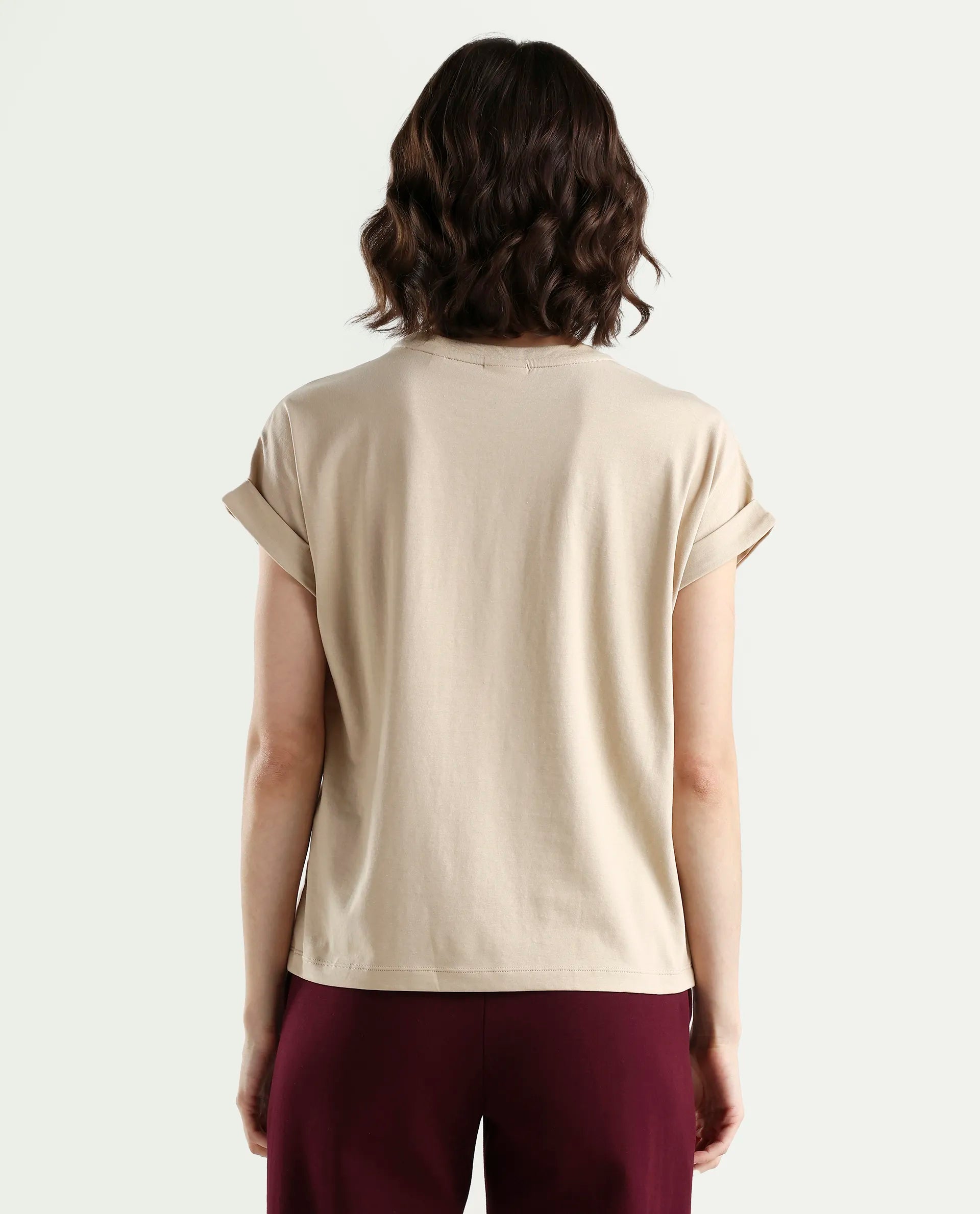 Rareism Women's Zaph Beige Cotton Blend Half Sleeve Relaxed Fit Plain T-Shirt