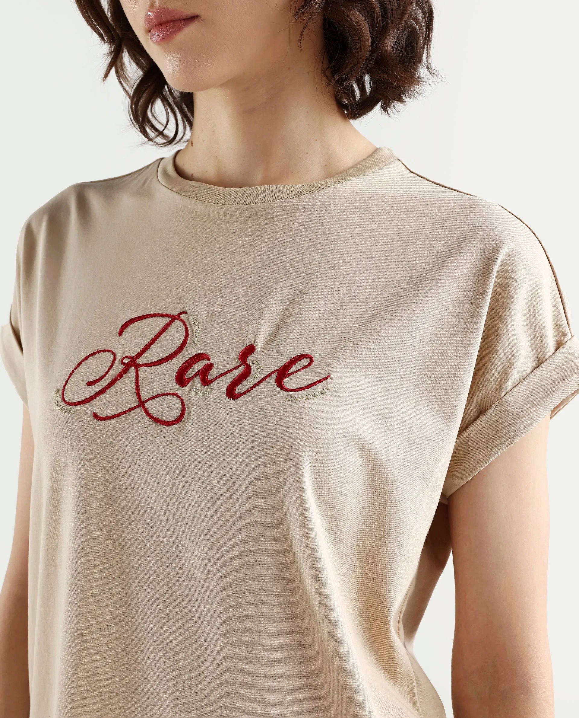 Rareism Women's Zaph Beige Cotton Blend Half Sleeve Relaxed Fit Plain T-Shirt