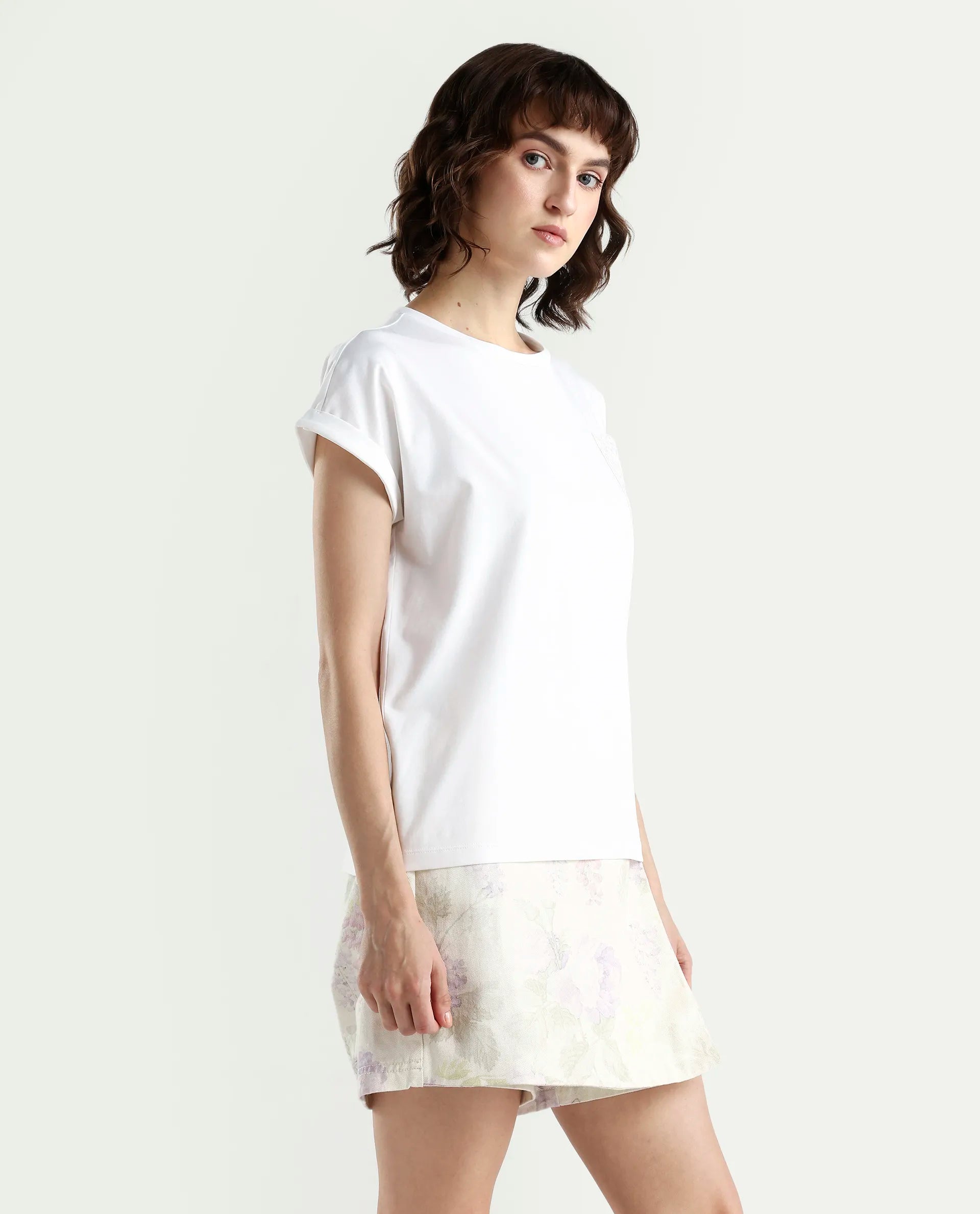 Rareism Women's Zaul White Cotton Blend Half Sleeve Relaxed Fit Plain T-Shirt