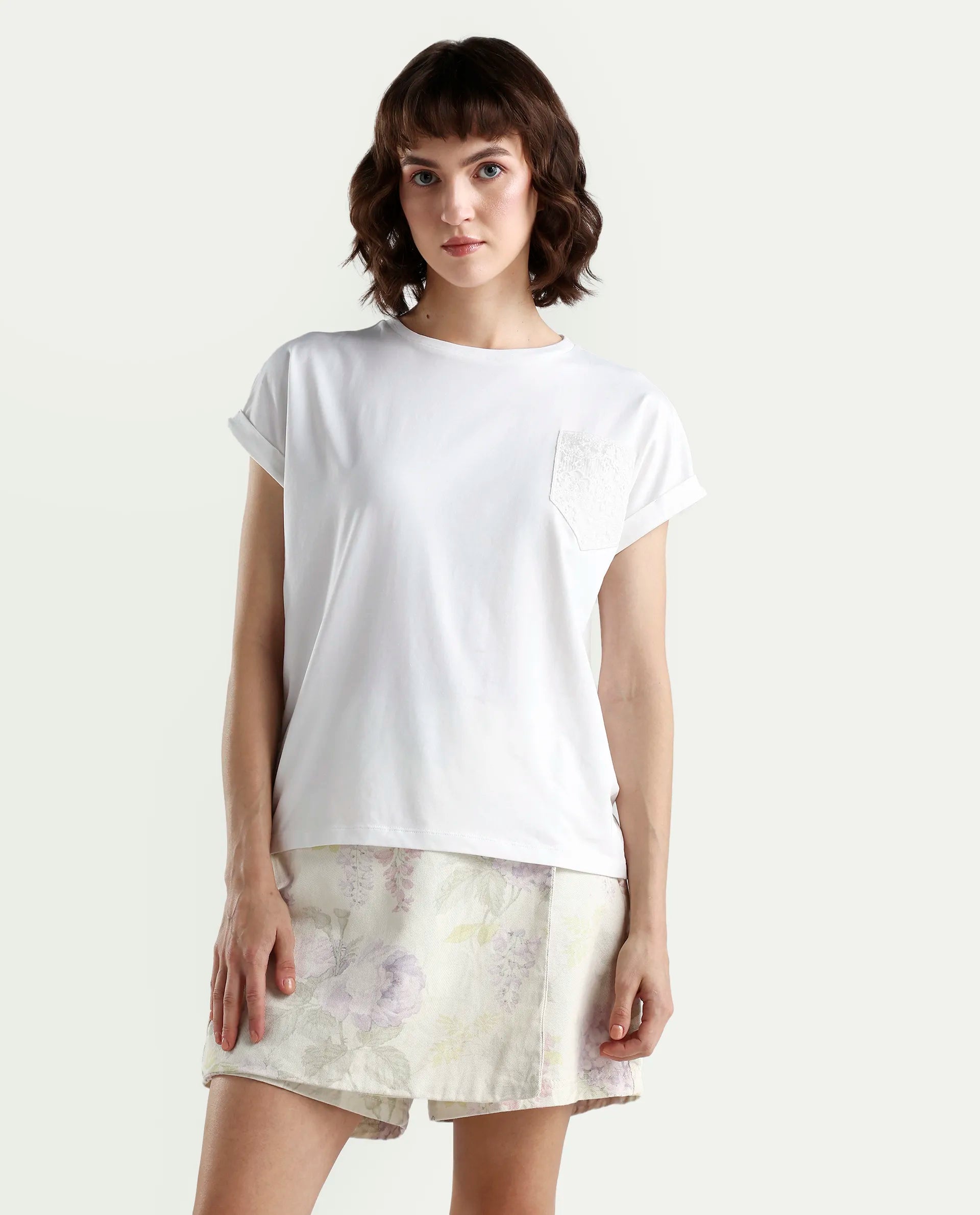 Rareism Women's Zaul White Cotton Blend Half Sleeve Relaxed Fit Plain T-Shirt