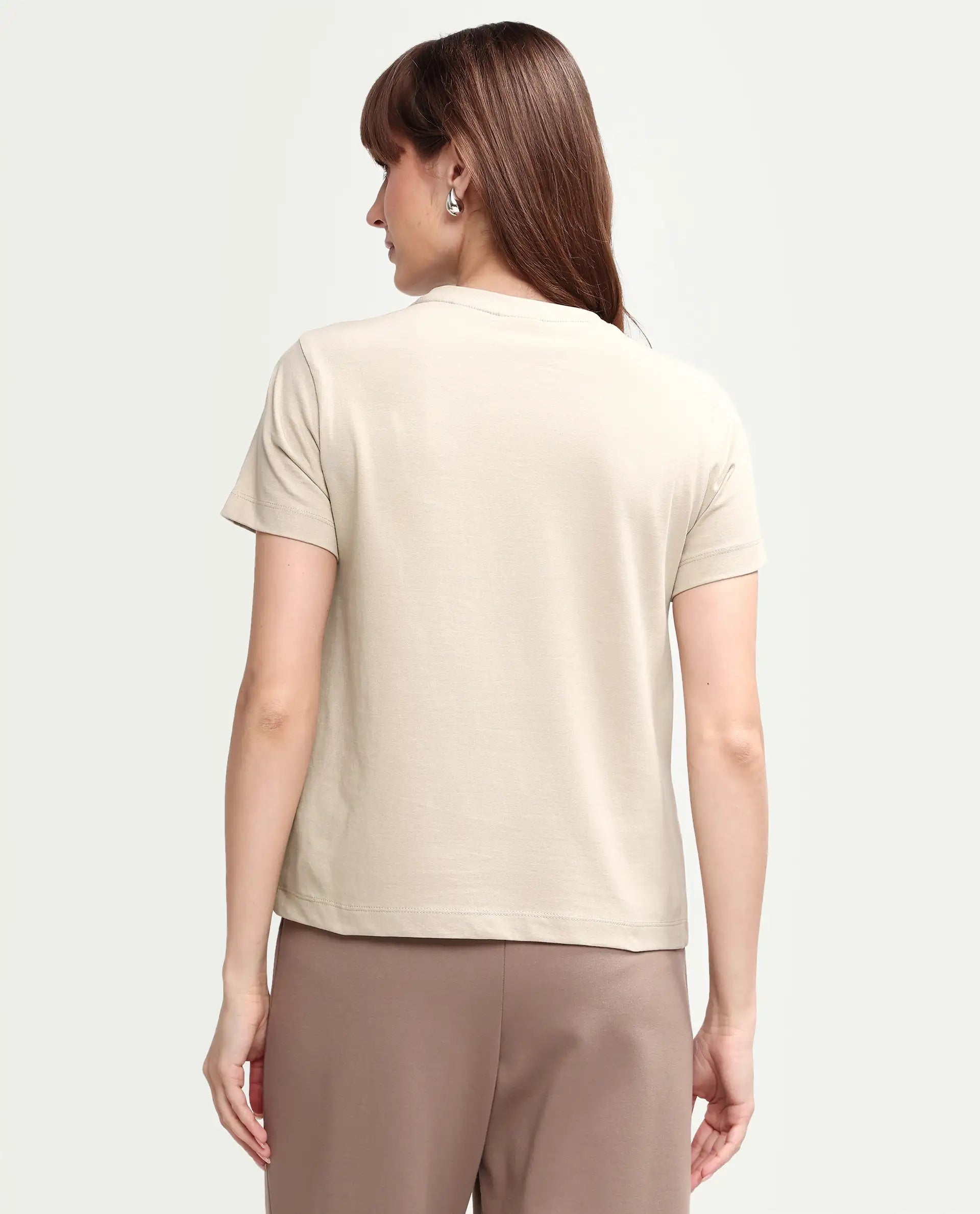 Rareism Women's Zavis Beige Cotton Half Sleeve Regular Fit Plain T-Shirt