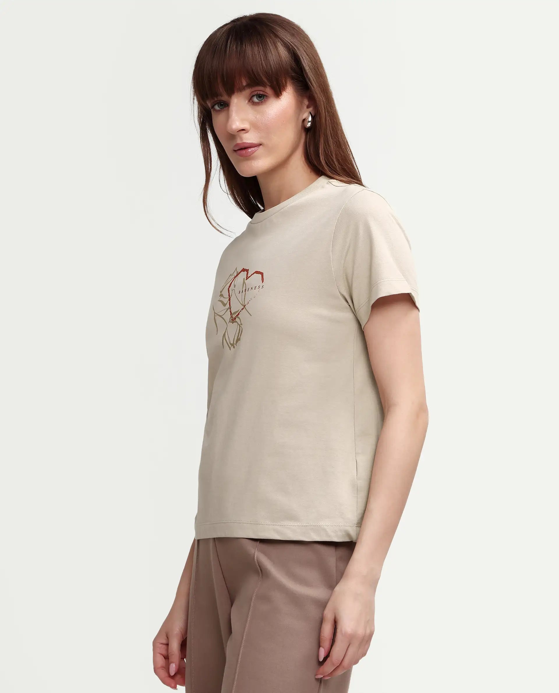 Rareism Women's Zavis Beige Cotton Half Sleeve Regular Fit Plain T-Shirt