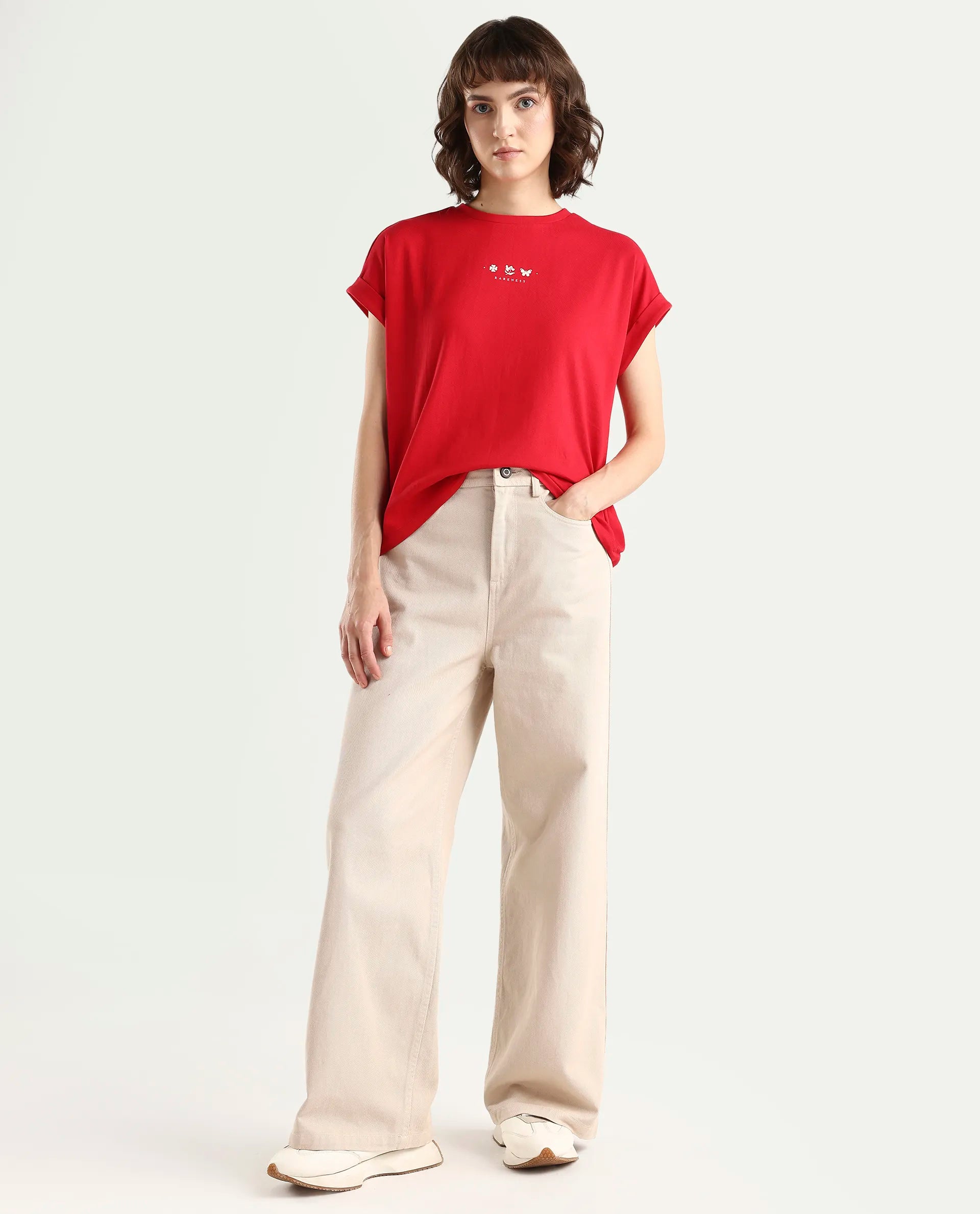 Rareism Women's Zolan Red Cotton Half Sleeve Relaxed Fit Pigment Print T-Shirt