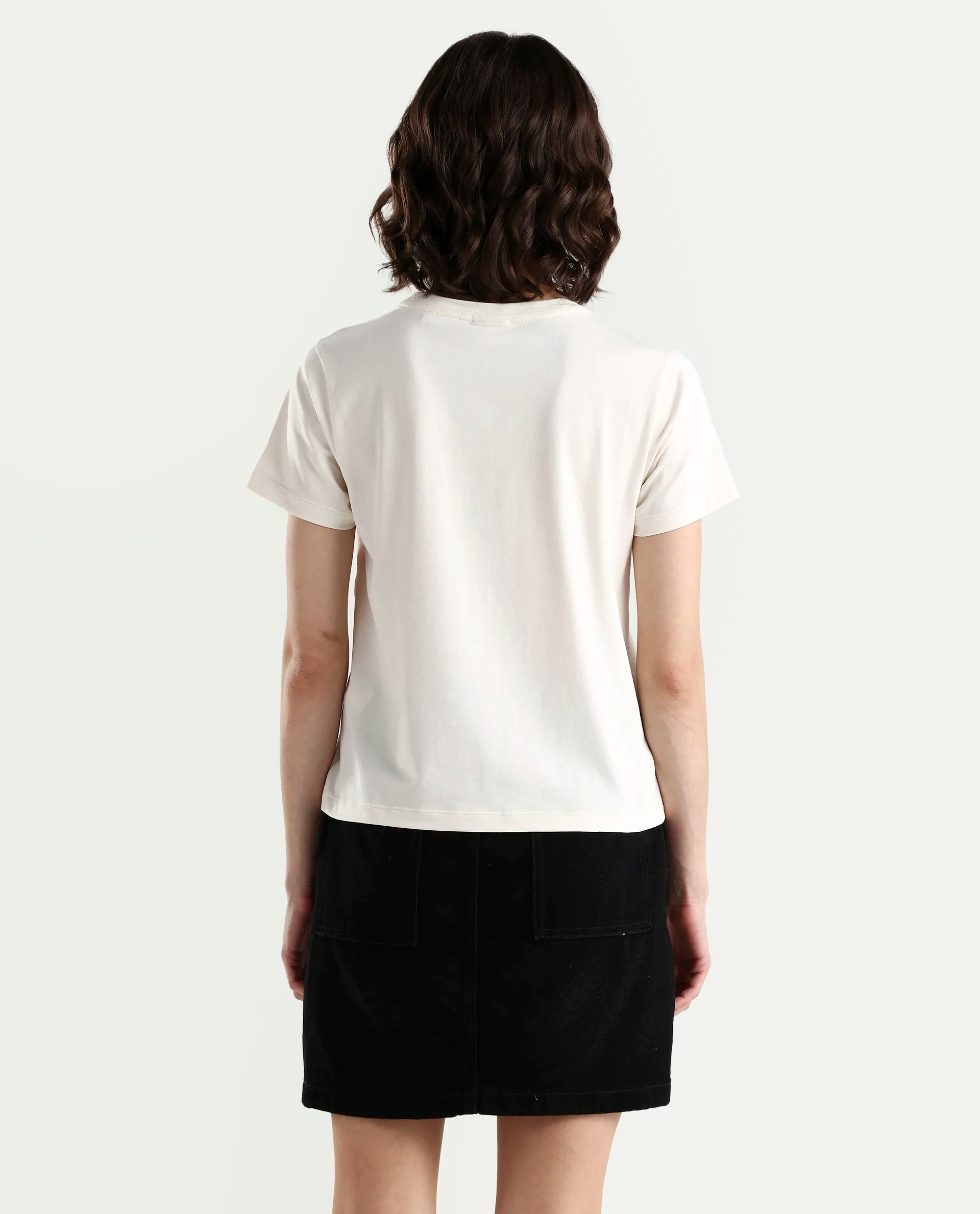 Rareism Women's Zoll Off White Cotton Blend Half Sleeve Regular Fit Printed T-Shirt