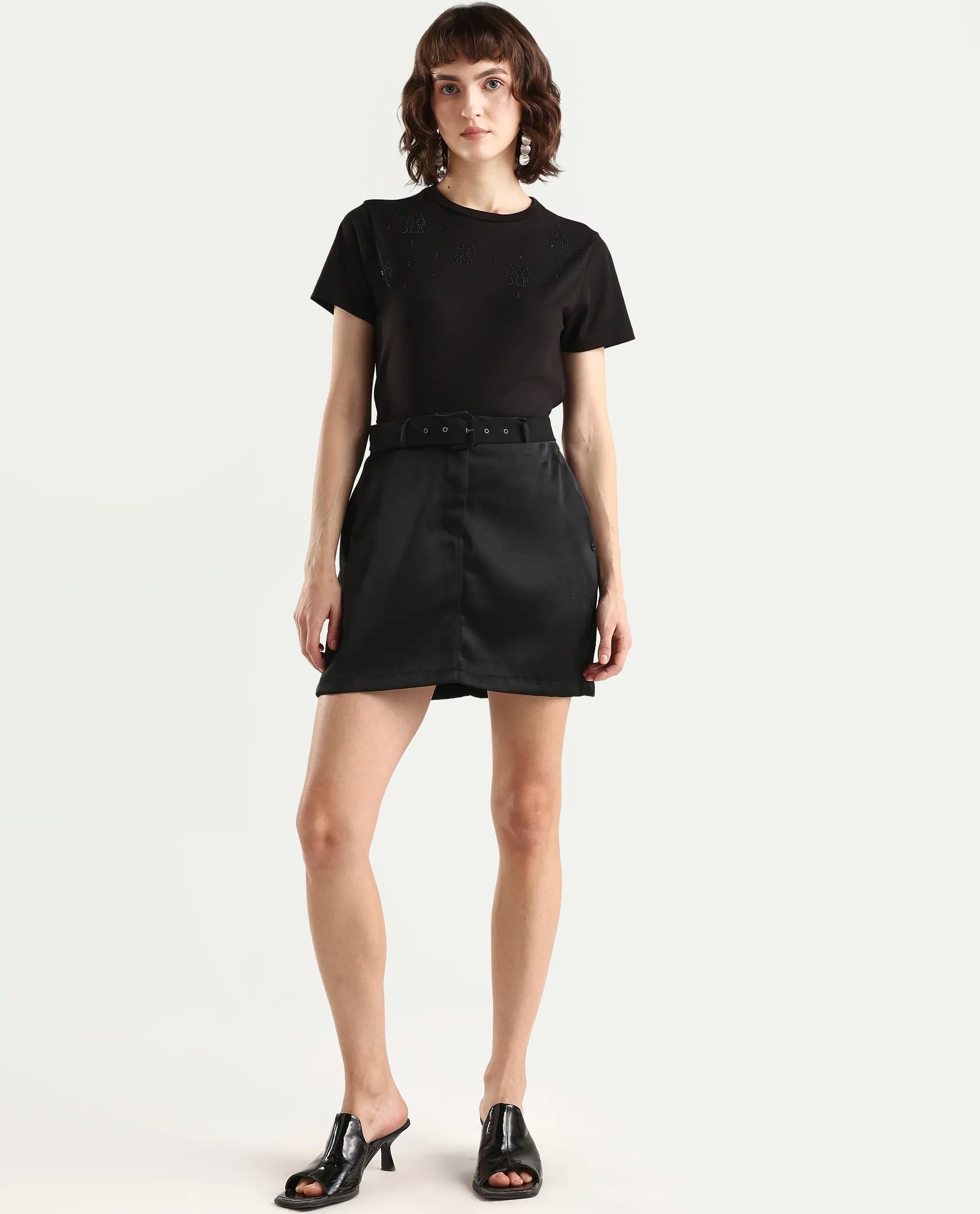 Rareism Women's Zoxi Black Cotton Blend Half Sleeve Regular Fit Typography Print T-Shirt