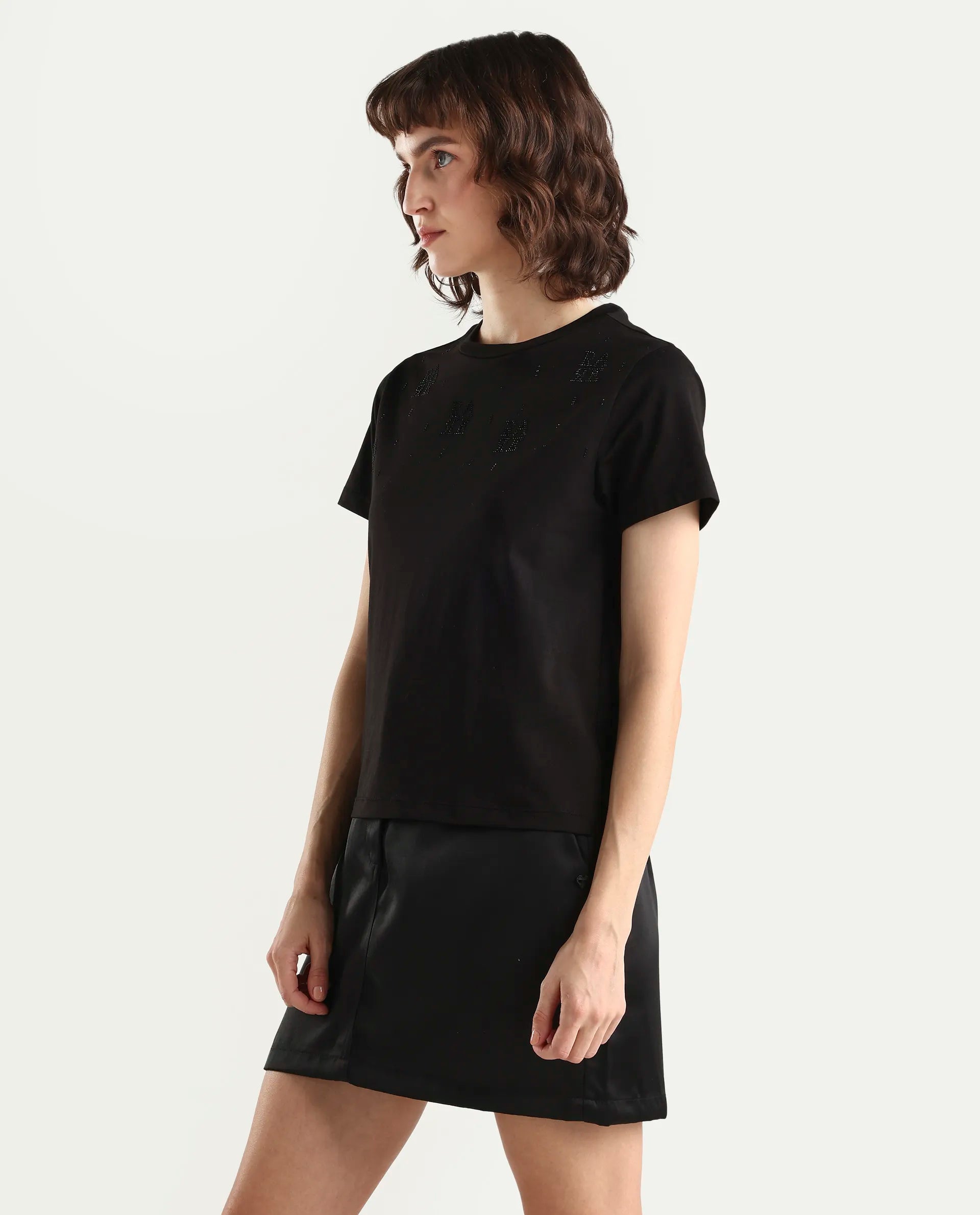 Rareism Women's Zoxi Black Cotton Blend Half Sleeve Regular Fit Typography Print T-Shirt