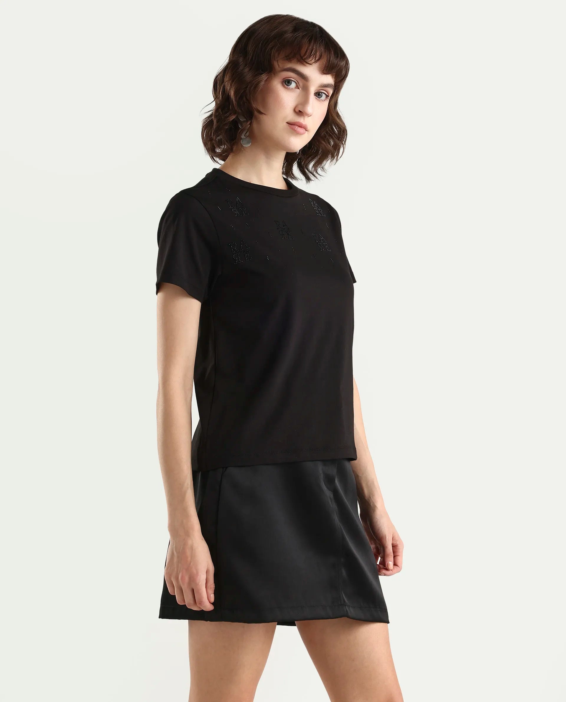 Rareism Women's Zoxi Black Cotton Blend Half Sleeve Regular Fit Typography Print T-Shirt