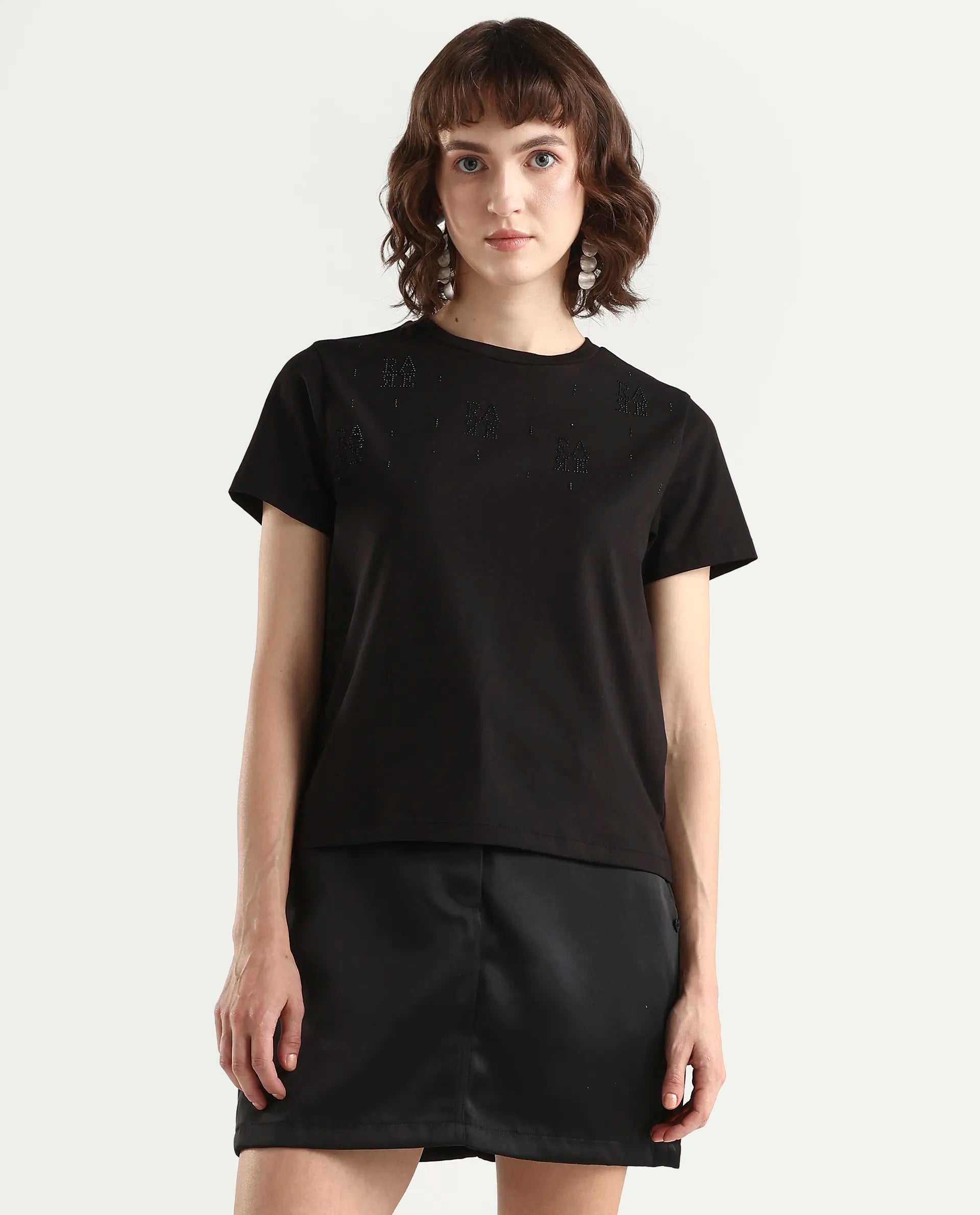 Rareism Women's Zoxi Black Cotton Blend Half Sleeve Regular Fit Typography Print T-Shirt