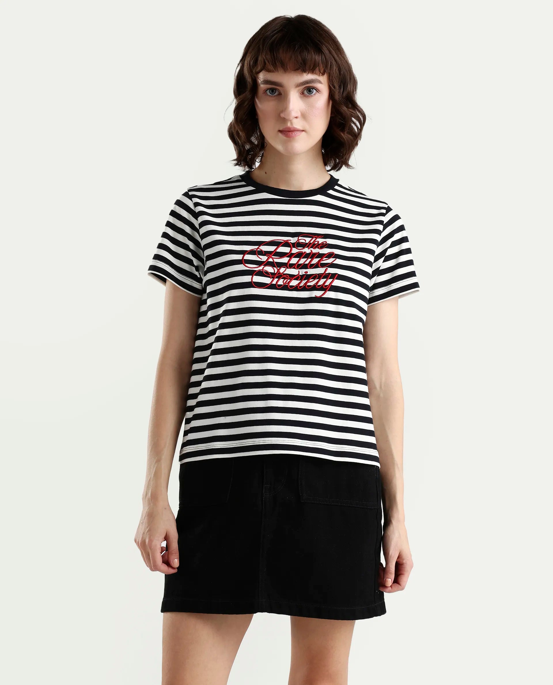 Rareism Women's Zire Black Cotton Blend Half Sleeve Regular Fit Typography Print T-Shirt