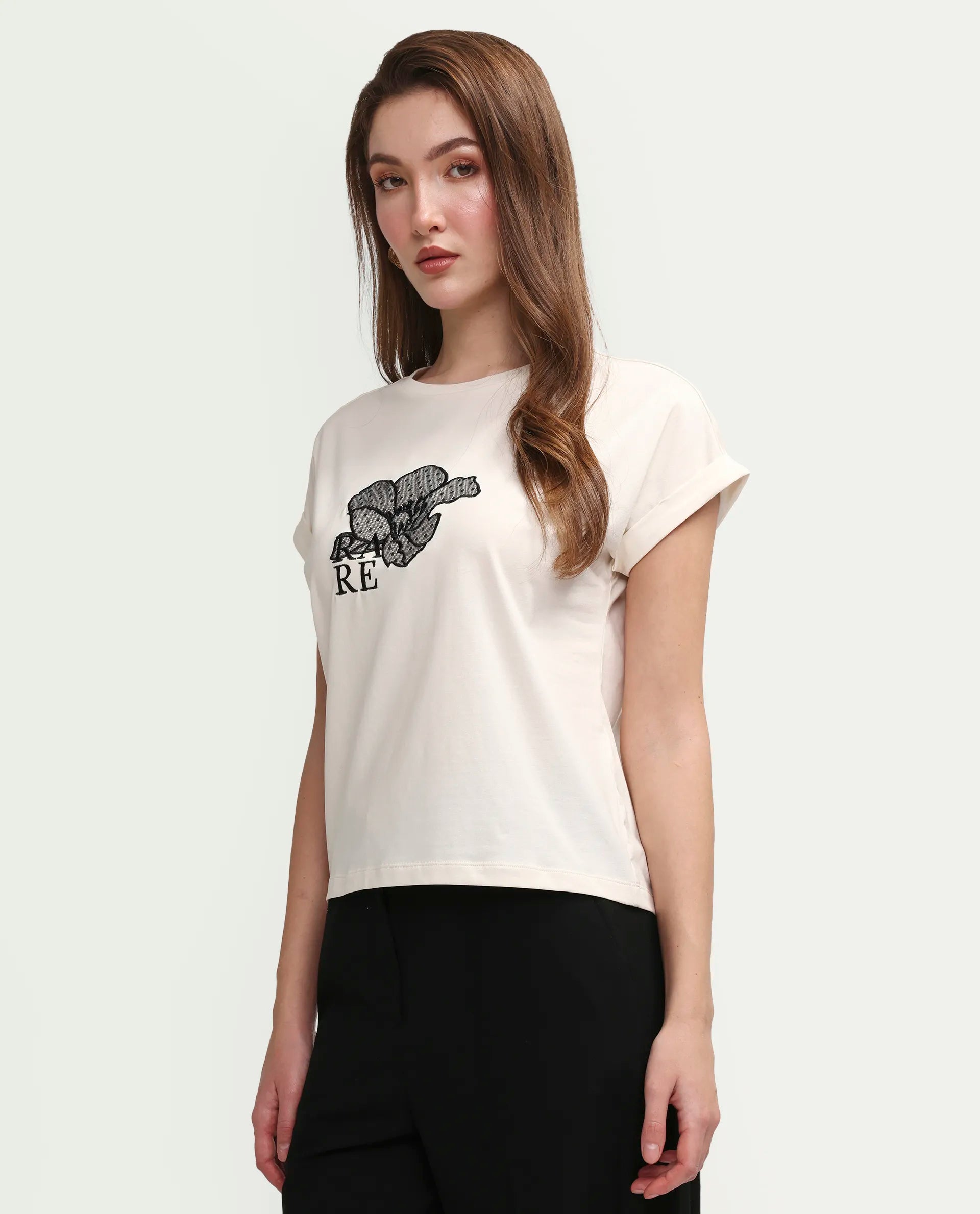 Rareism Women's Zools Off White Cotton Blend Half Sleeve Relaxed Fit Floral Print T-Shirt