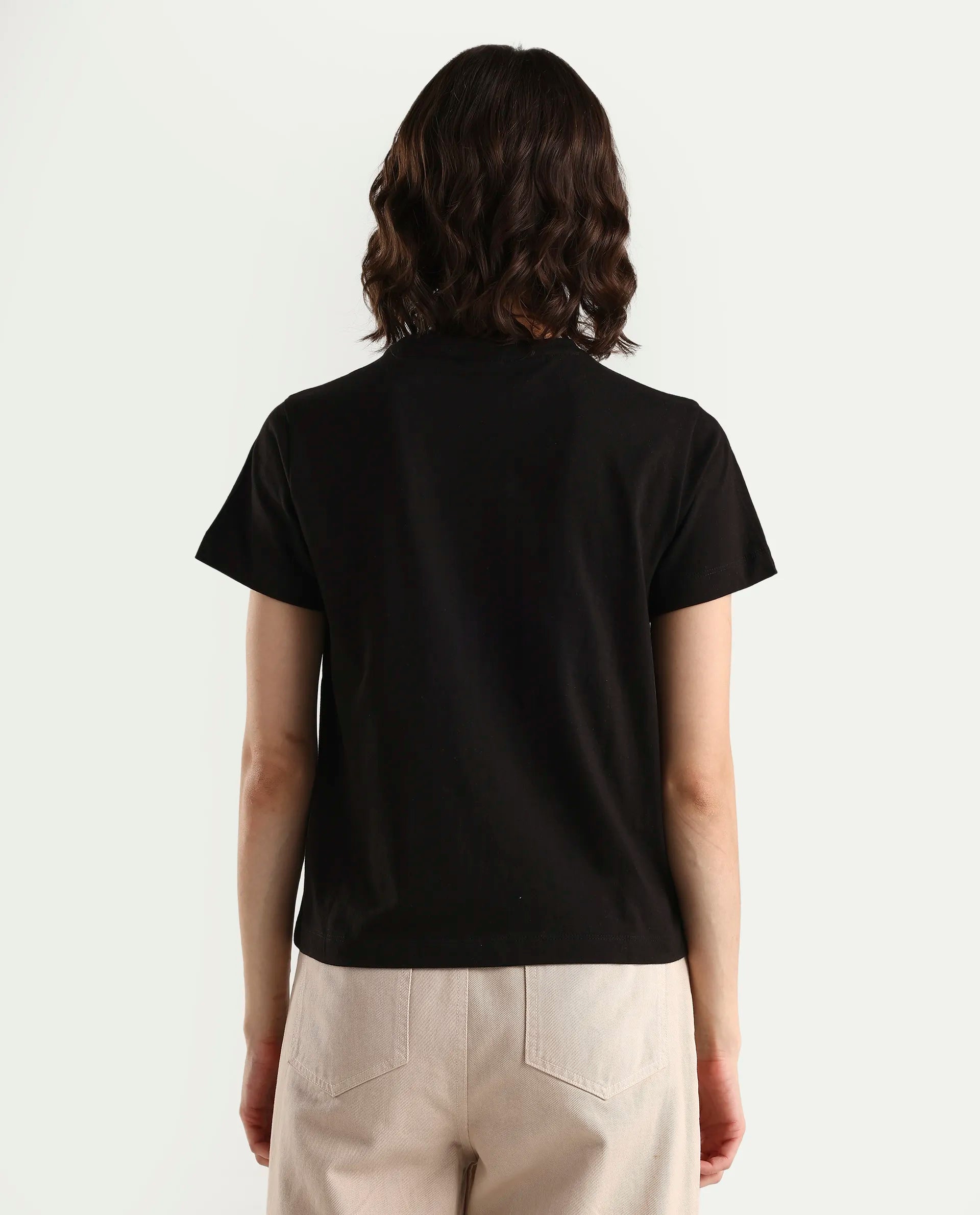 Rareism Women's Zrad Black Cotton Half Sleeve Regular Fit Floral Print T-Shirt