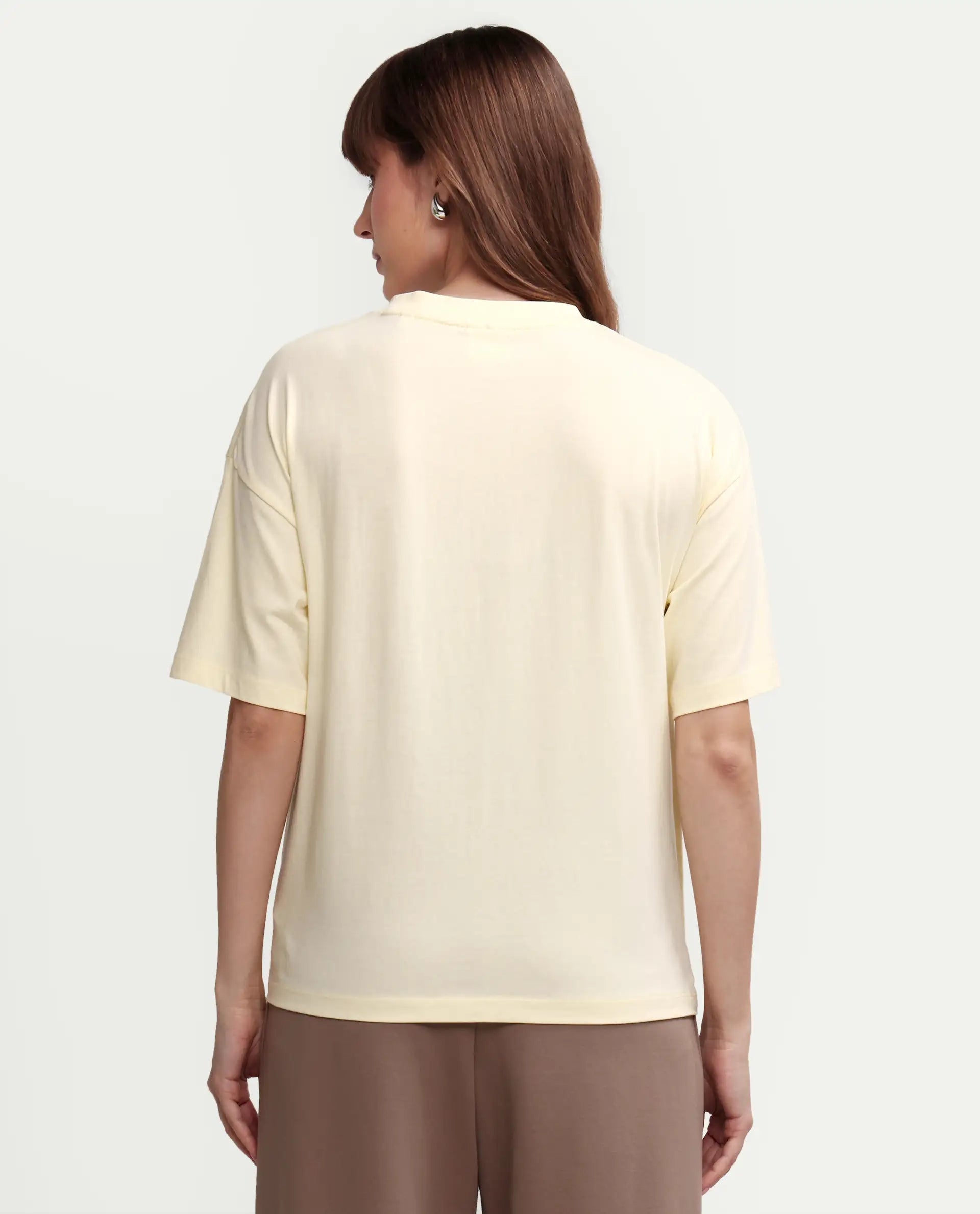 Rareism Women's Zaf Light Yellow Cotton Half Sleeve Boxy Plain T-Shirt