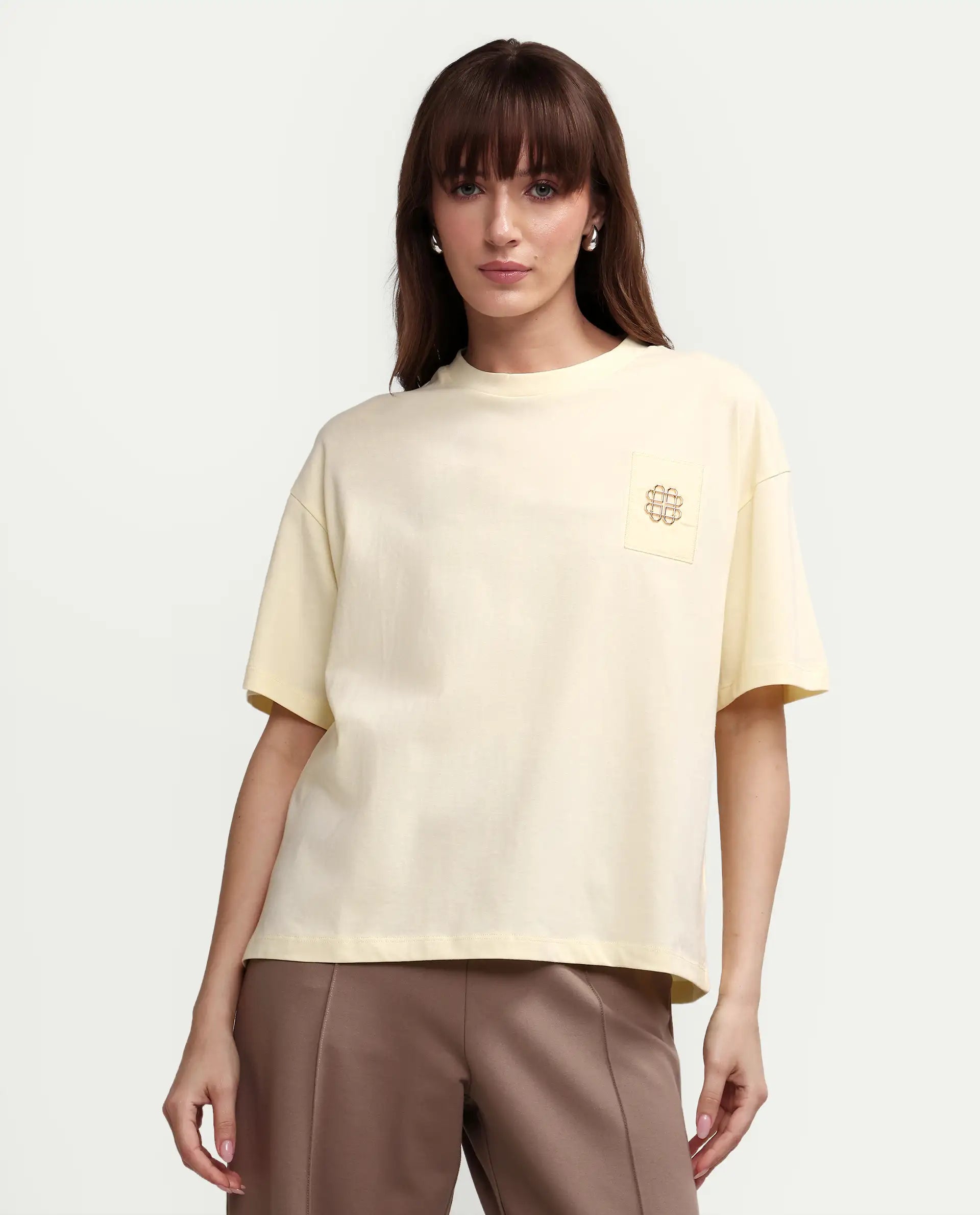 Rareism Women's Zaf Light Yellow Cotton Half Sleeve Boxy Plain T-Shirt