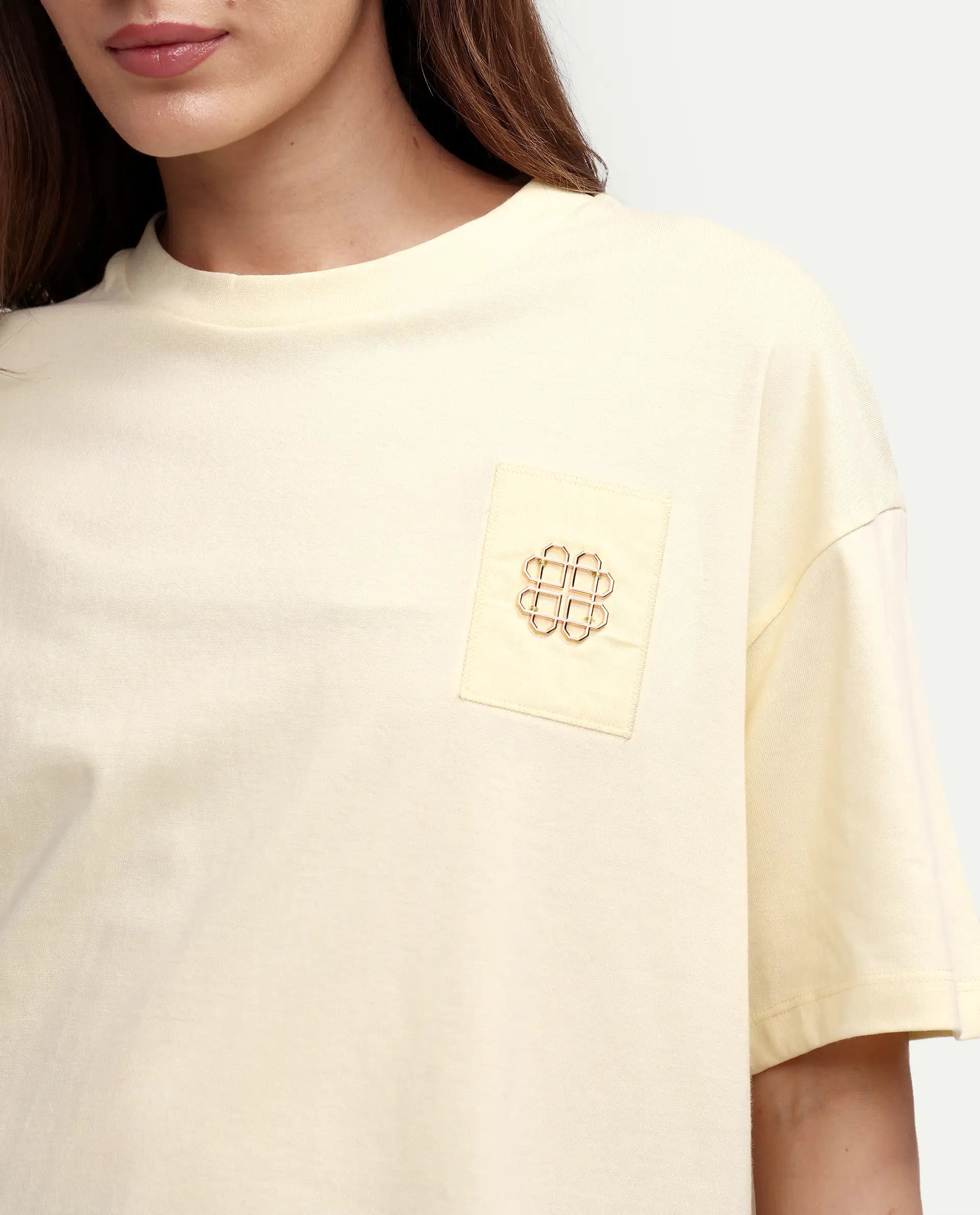 Rareism Women's Zaf Light Yellow Cotton Half Sleeve Boxy Plain T-Shirt