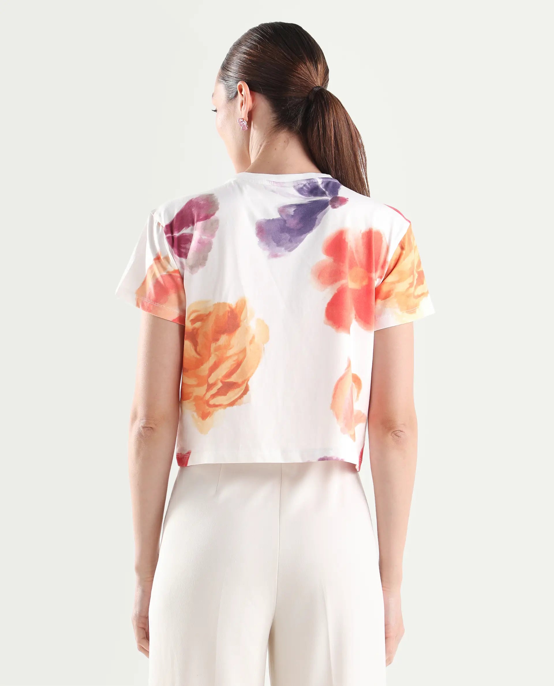 Rareism Women's Zero Multi Cotton Blend Half Sleeve Relaxed Fit Floral Print T-Shirt