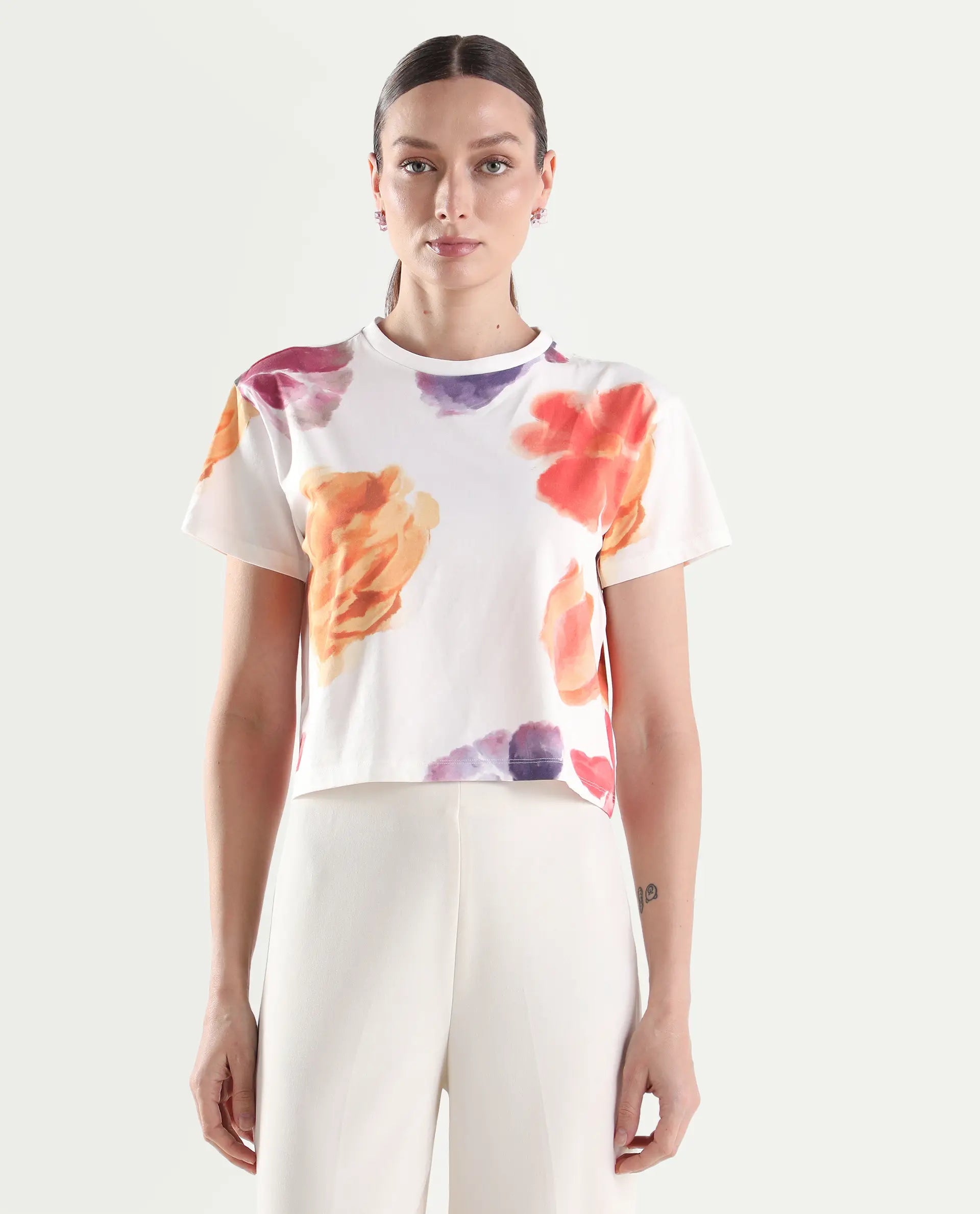 Rareism Women's Zero Multi Cotton Blend Half Sleeve Relaxed Fit Floral Print T-Shirt