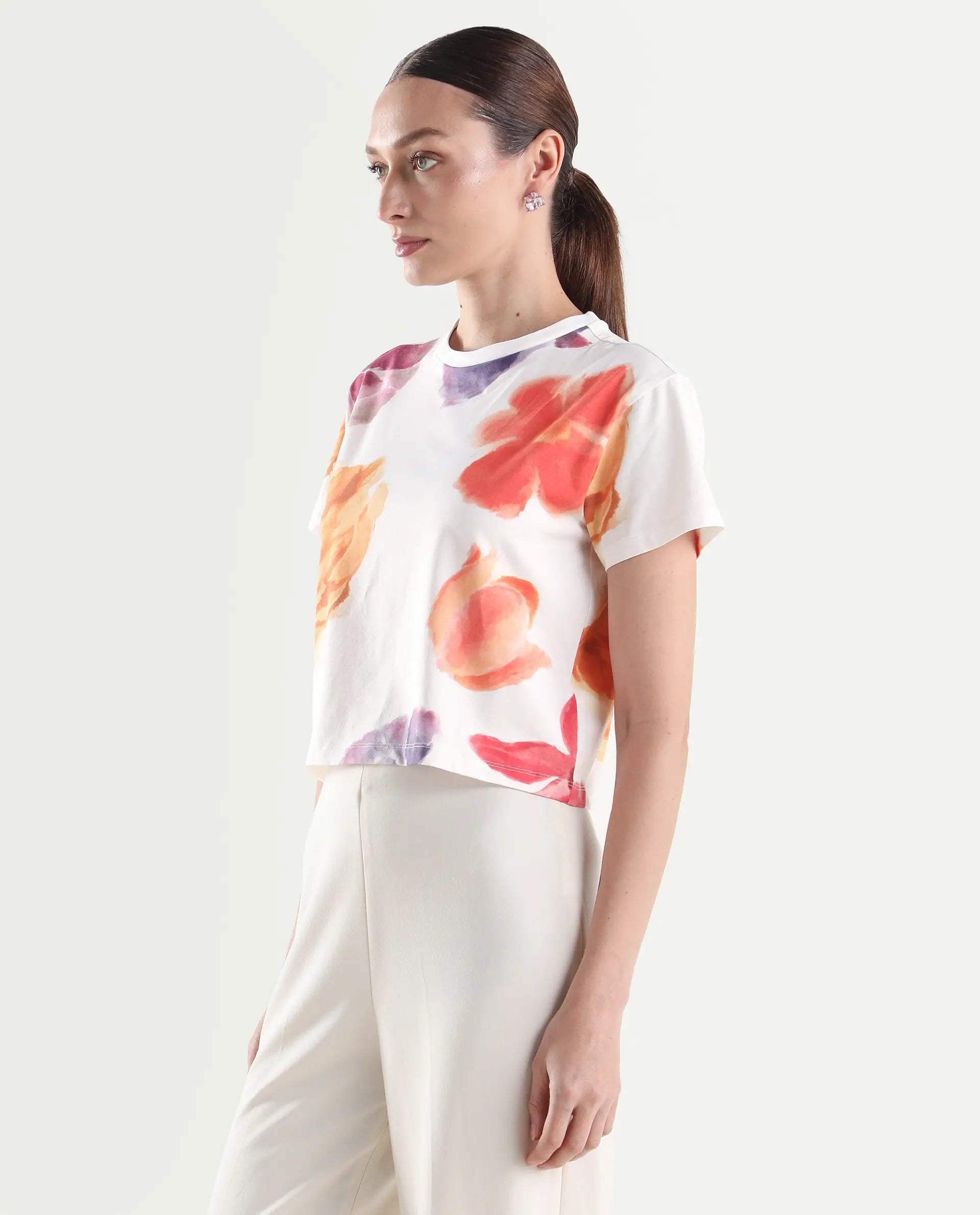 Rareism Women's Zero Multi Cotton Blend Half Sleeve Relaxed Fit Floral Print T-Shirt