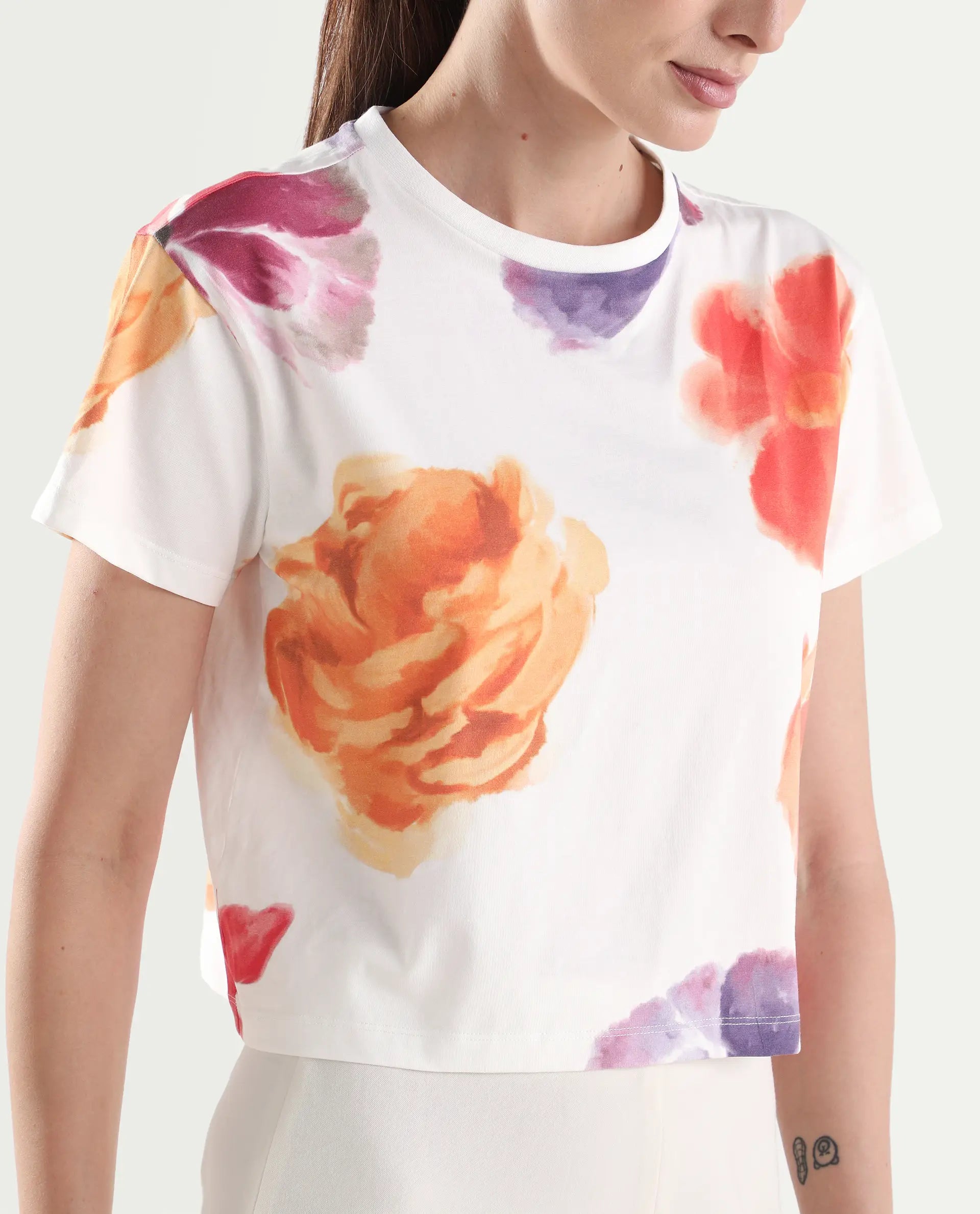 Rareism Women's Zero Multi Cotton Blend Half Sleeve Relaxed Fit Floral Print T-Shirt