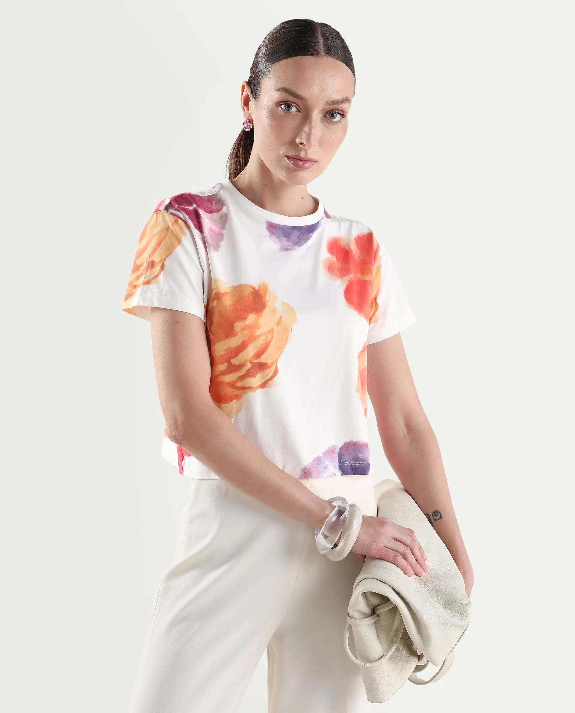 Rareism Women's Zero Multi Cotton Blend Half Sleeve Relaxed Fit Floral Print T-Shirt