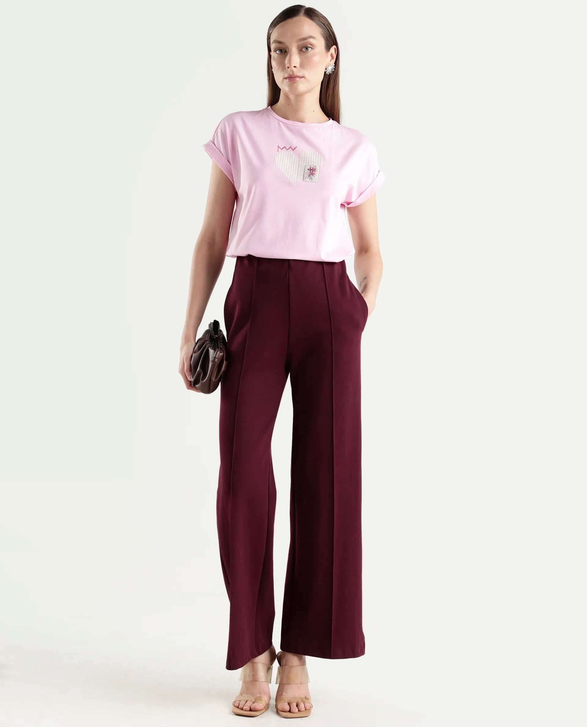 Rareism Women's Zoro Light Pink Cotton Blend Half Sleeve Relaxed Fit Object Print T-Shirt