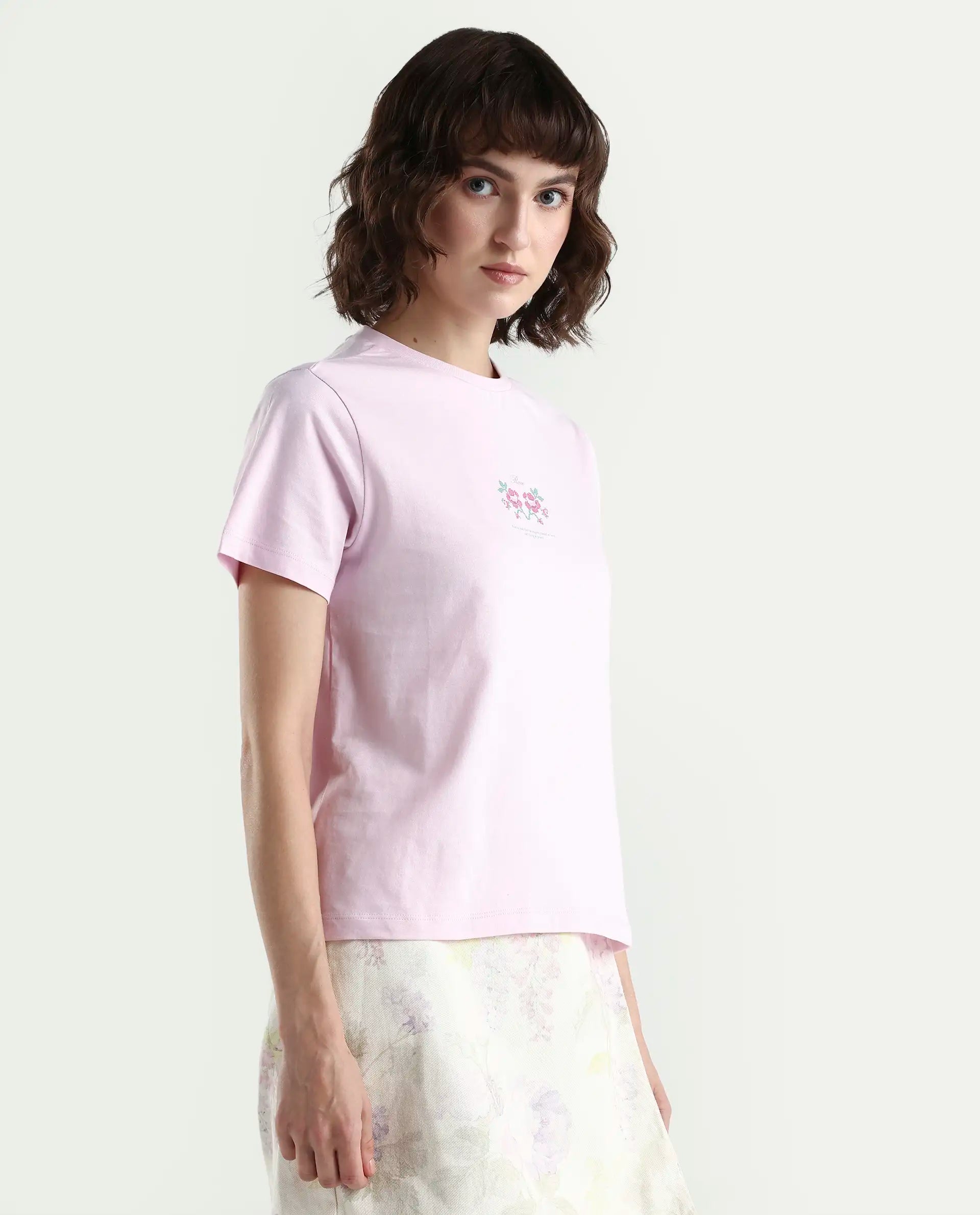 Rareism Women's Zarper Light Pink Cotton Half Sleeve Regular Fit Floral Print T-Shirt