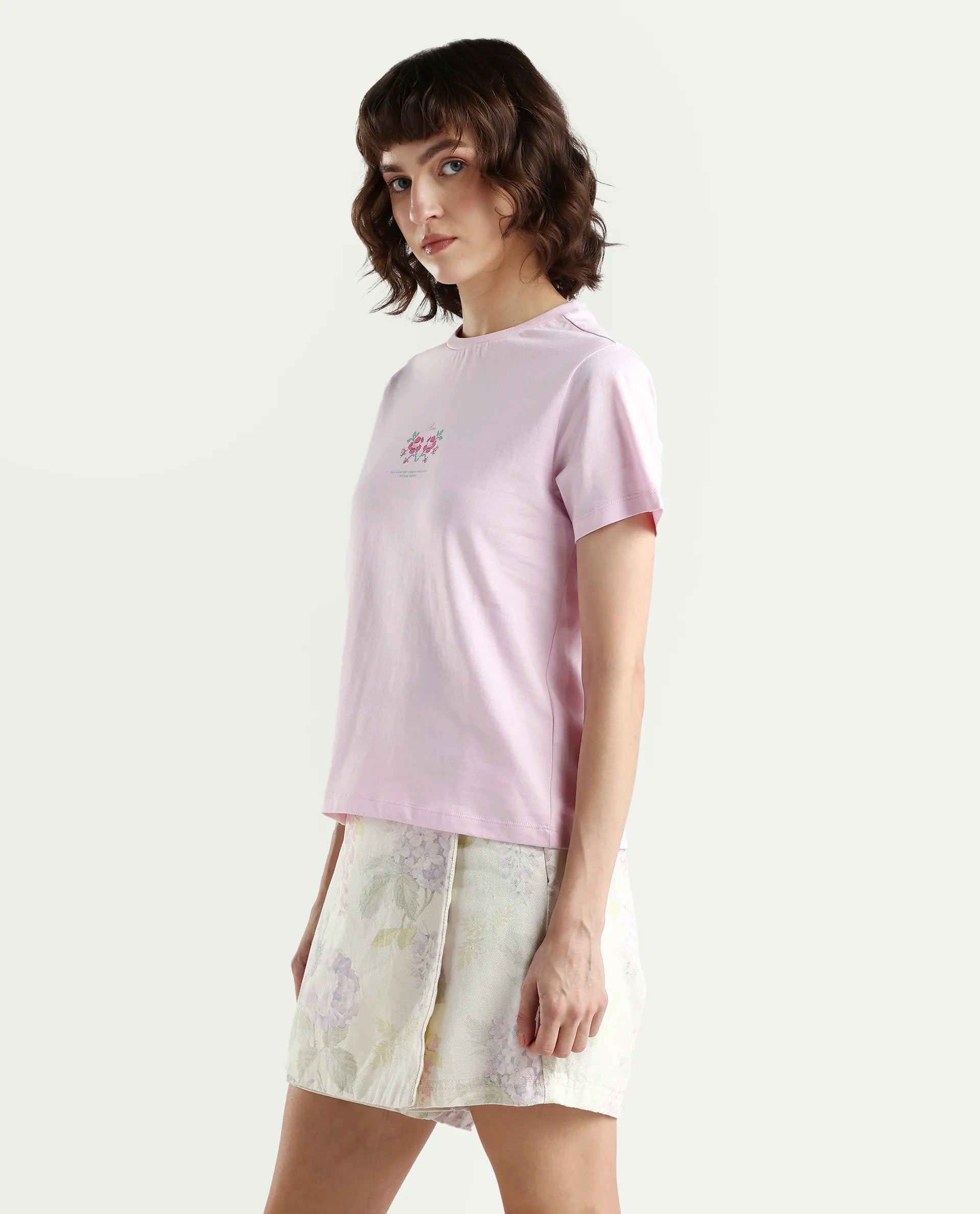 Rareism Women's Zarper Light Pink Cotton Half Sleeve Regular Fit Floral Print T-Shirt