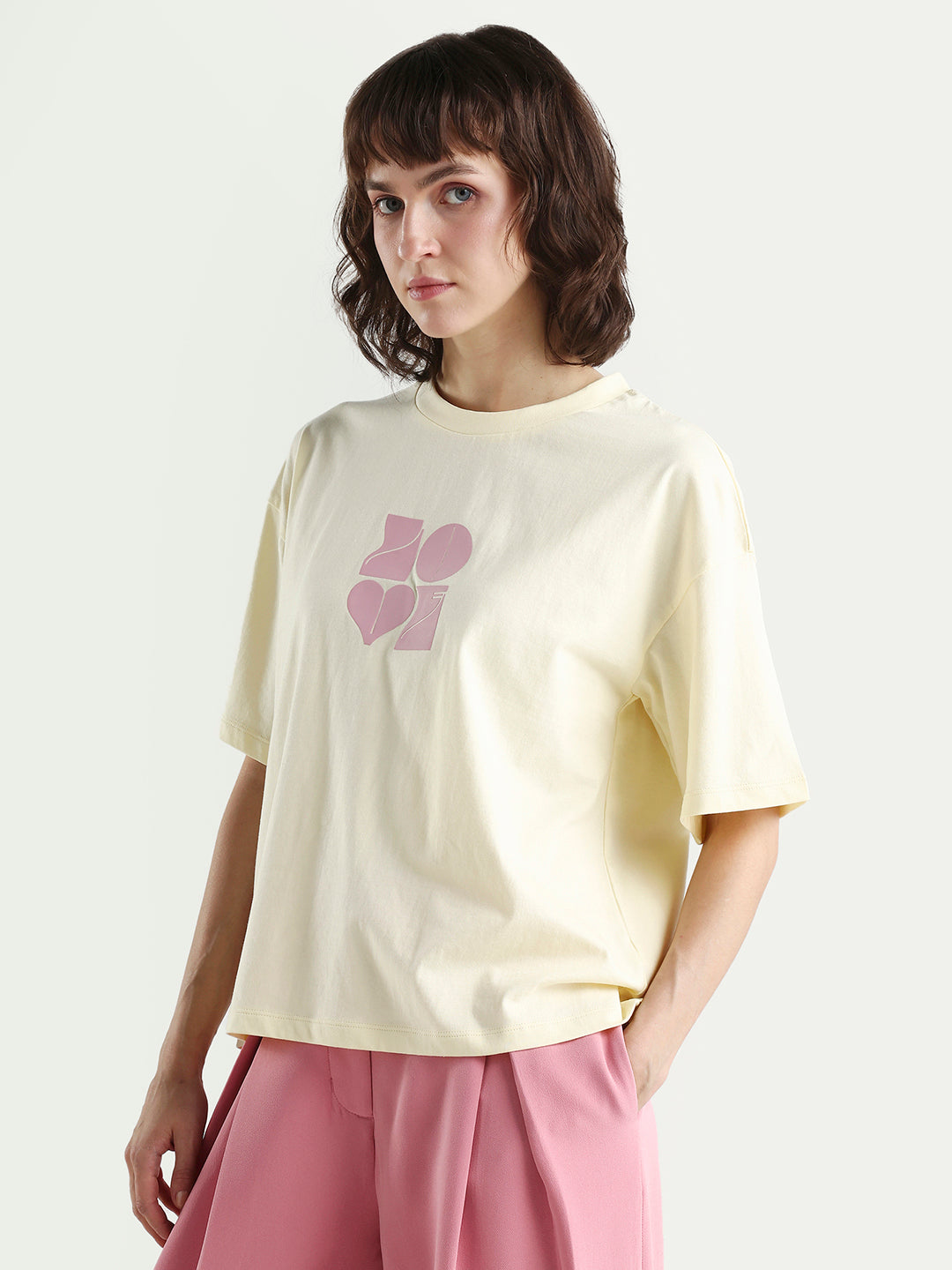 Rareism Women's Zesley Light Yellow Cotton Half Sleeve Boxy Typography Print T-Shirt