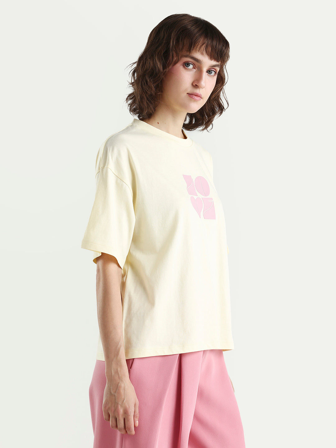 Rareism Women's Zesley Light Yellow Cotton Half Sleeve Boxy Typography Print T-Shirt