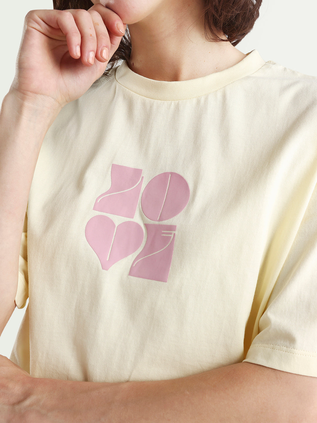 Rareism Women's Zesley Light Yellow Cotton Half Sleeve Boxy Typography Print T-Shirt