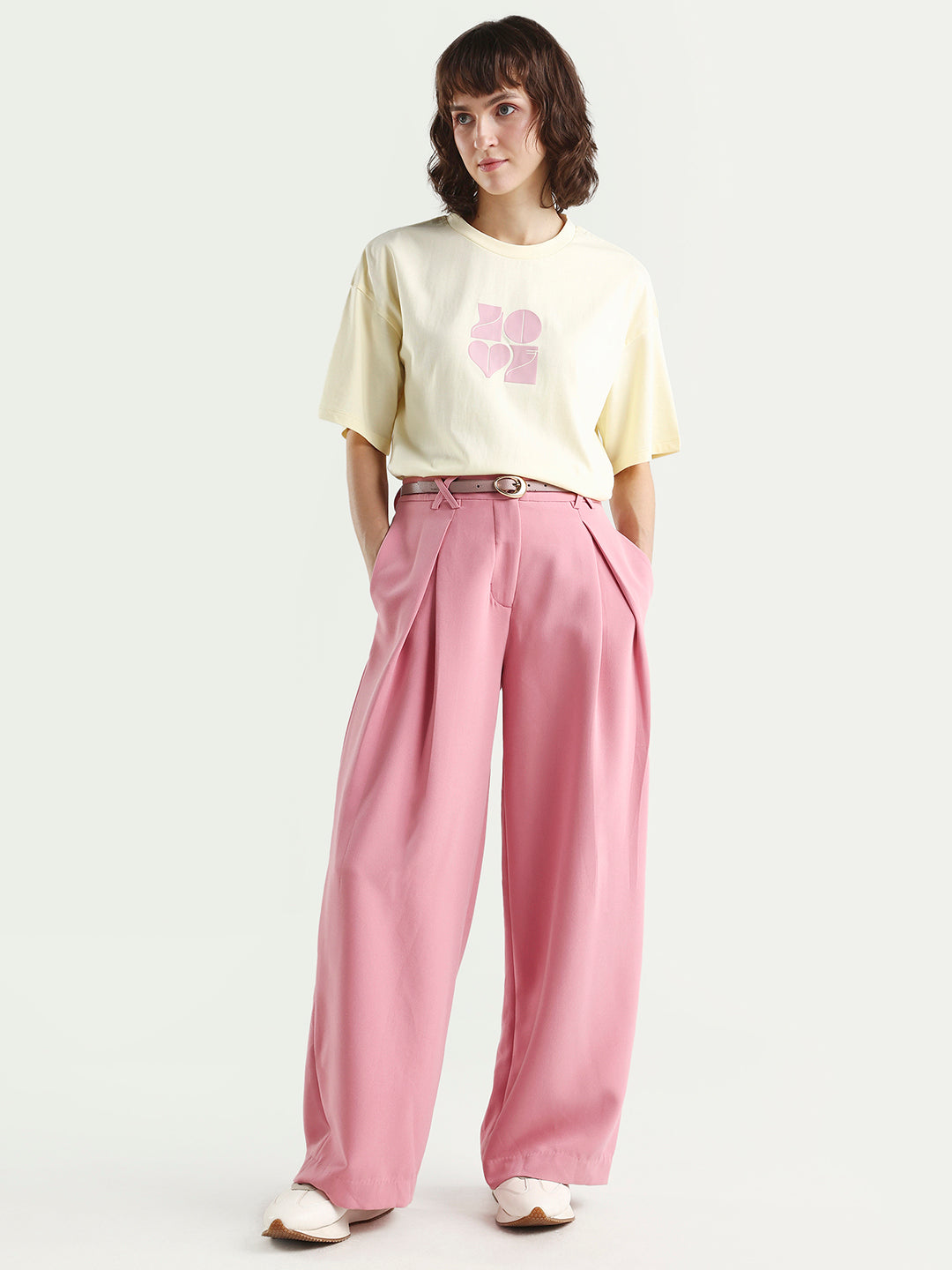 Rareism Women's Zesley Light Yellow Cotton Half Sleeve Boxy Typography Print T-Shirt