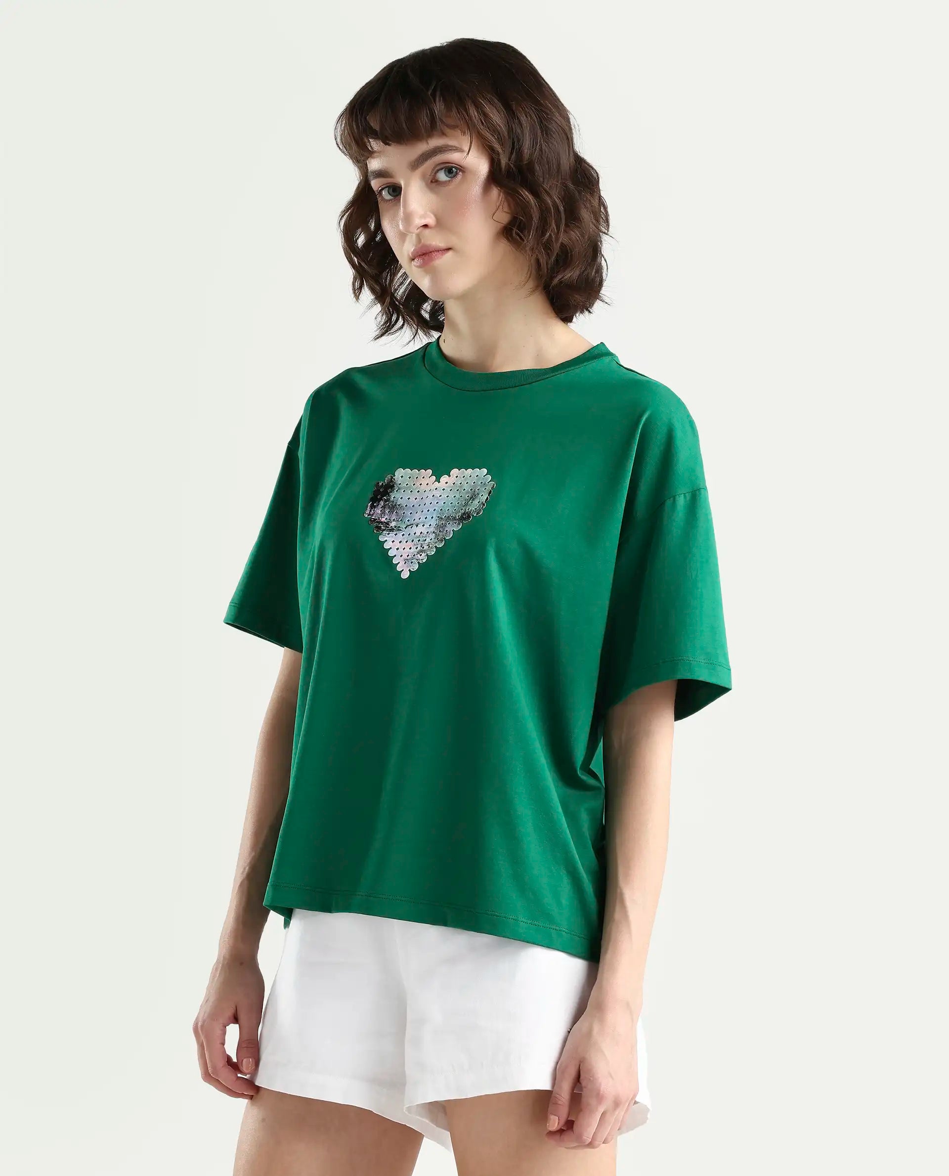 Rareism Women's Zule Dark Green Cotton Blend Half Sleeve Boxy Hd Print T-Shirt