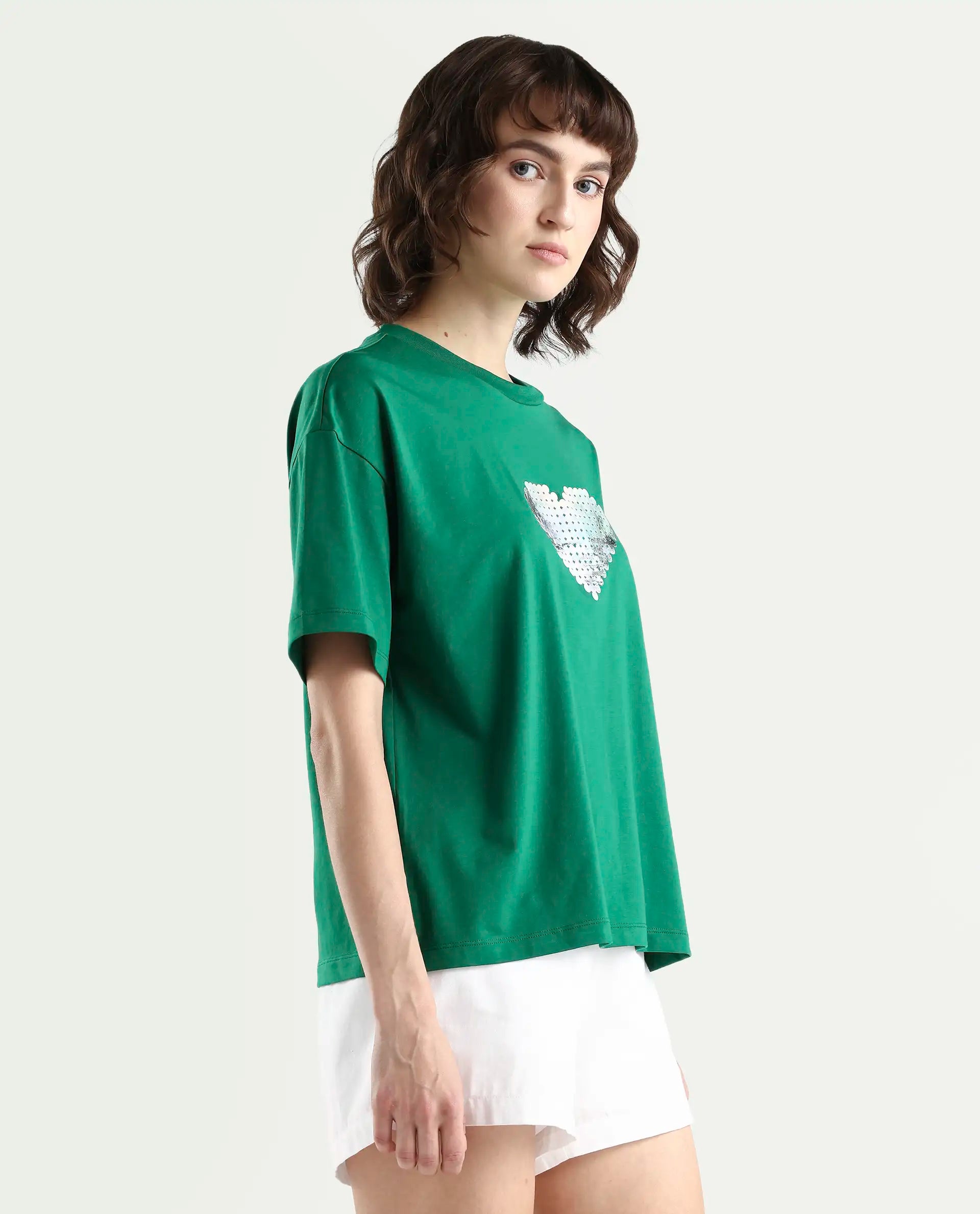 Rareism Women's Zule Dark Green Cotton Blend Half Sleeve Boxy Hd Print T-Shirt