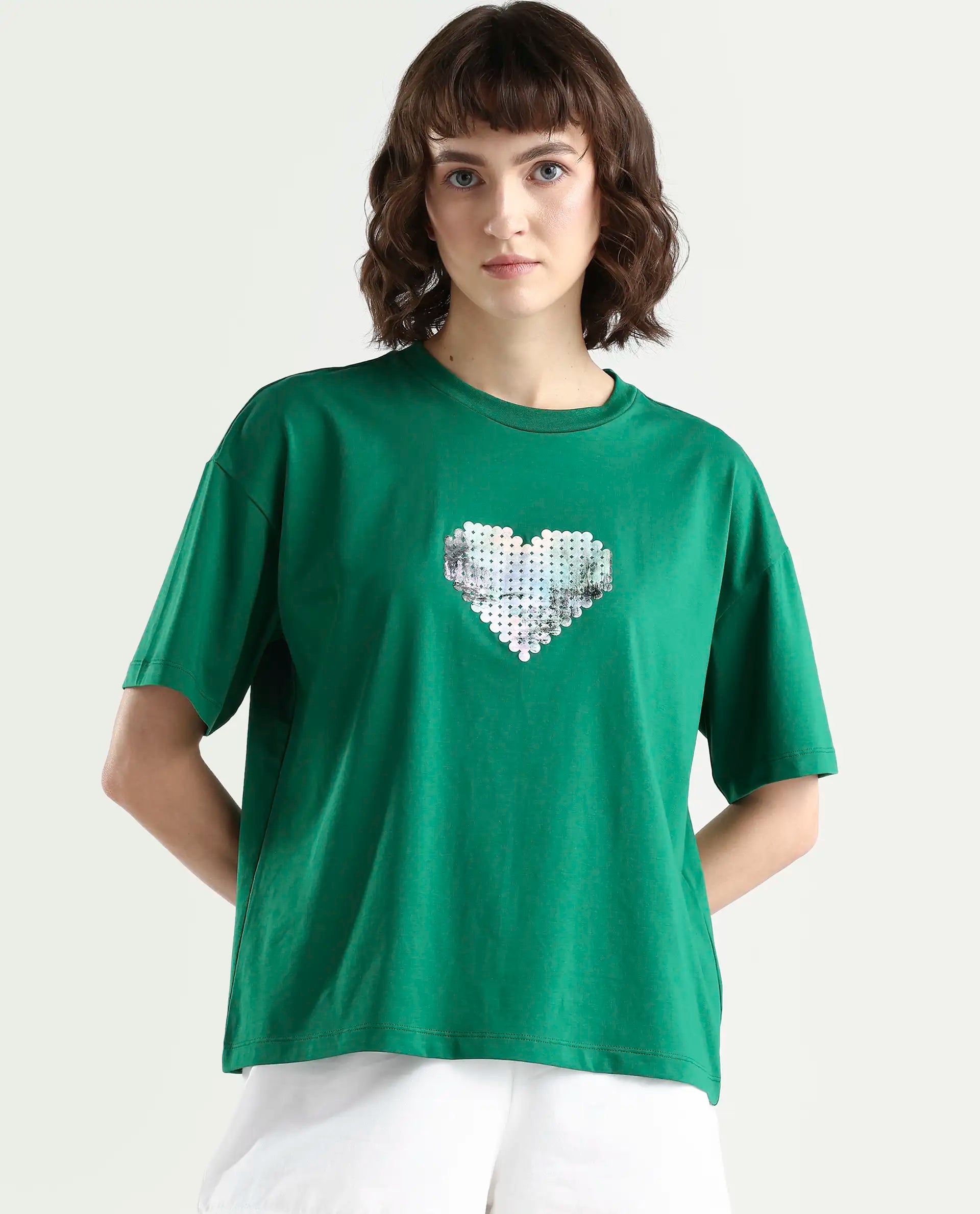 Rareism Women's Zule Dark Green Cotton Blend Half Sleeve Boxy Hd Print T-Shirt